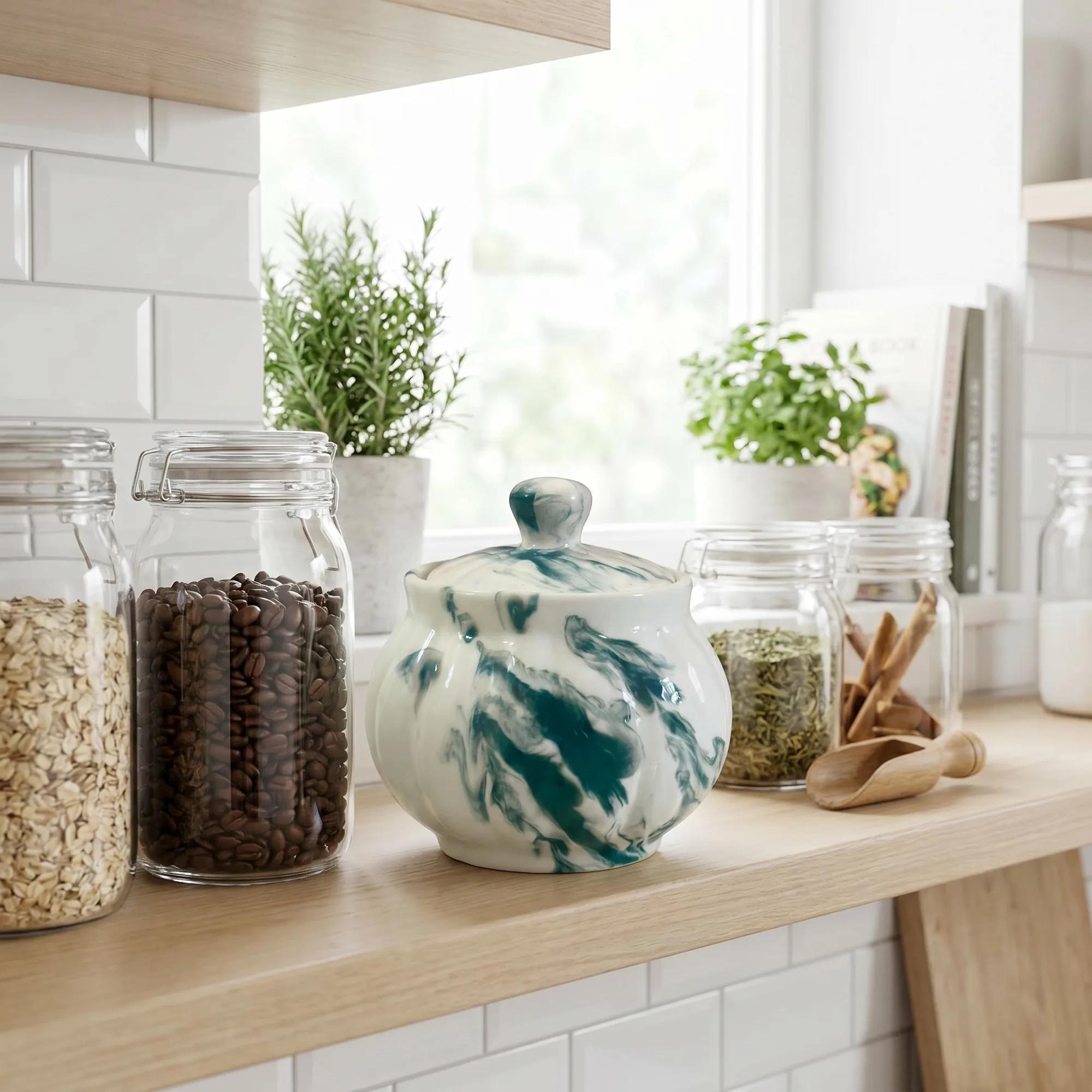 The green swirl ceramic storage pot displayed on a kitchen shelf surrounded by other clear jars of ingredients.