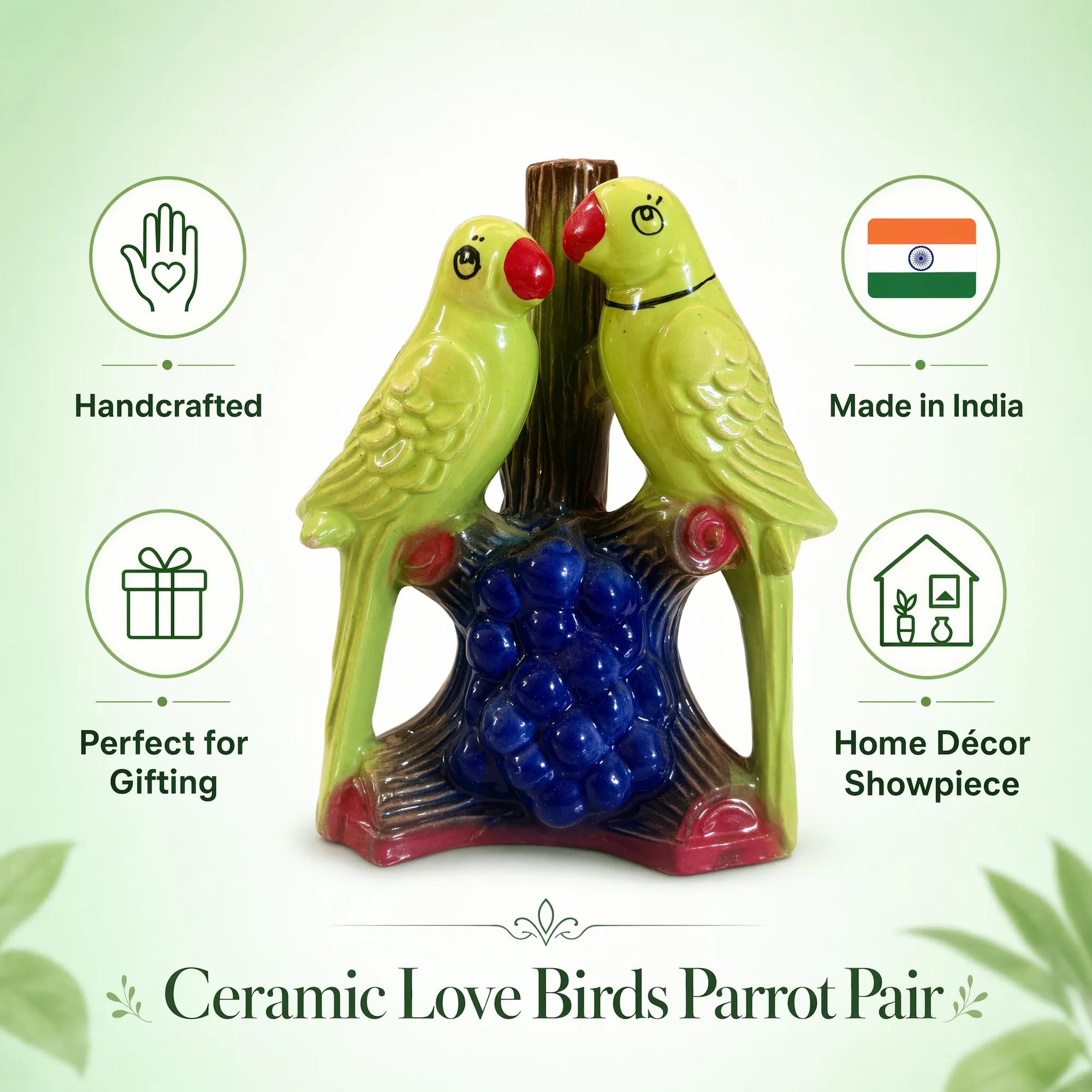 Infographic highlighting the, Made in India, and gifting features of the ceramic parrot showpiece.