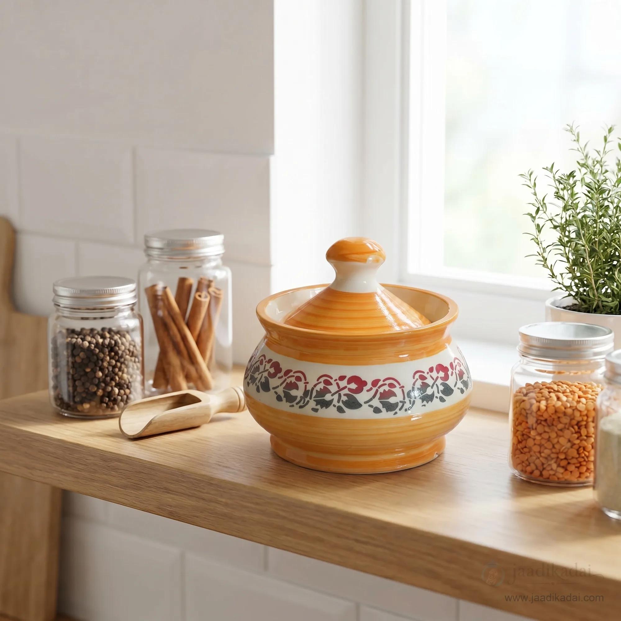 Orange ceramic storage pot with lid and floral pattern on a kitchen shelf with various spice jars.