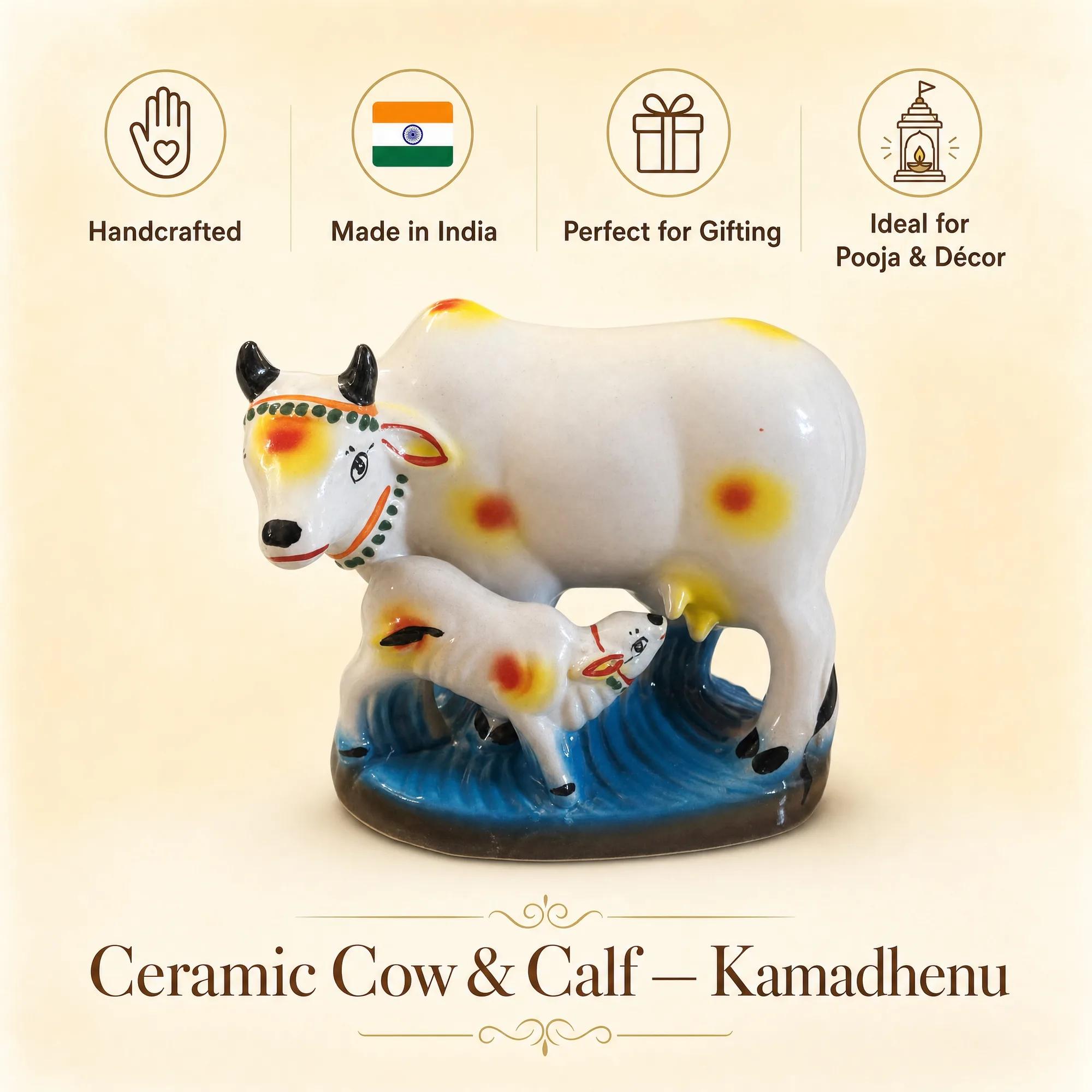 Ceramic Kamadhenu cow and calf showpiece with icons indicating it's, made in India, perfect for gifting, and ideal for puja.