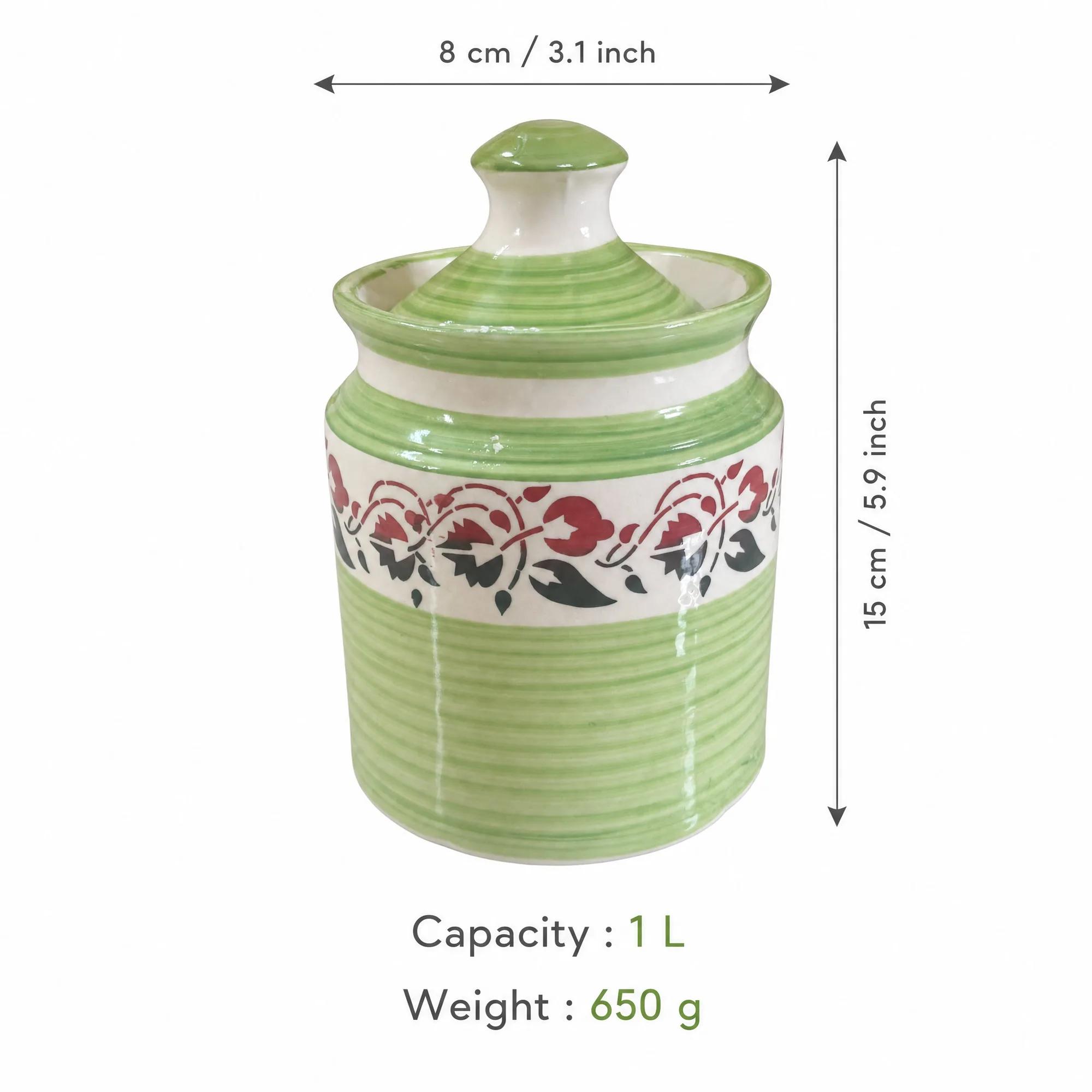 Graphic showing the green floral ceramic storage jar with its 1L capacity and 15cm height dimensions.