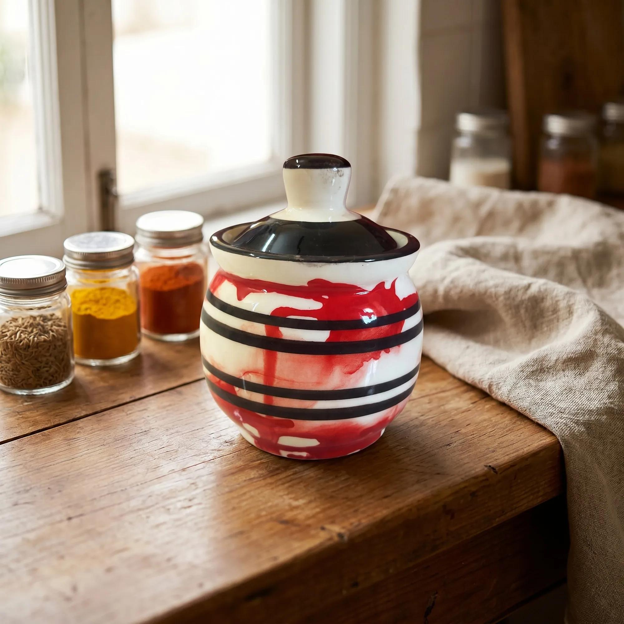 Ceramic Storage Jar 100ml – Red & Black Stripe Kitchen Canister with Lid