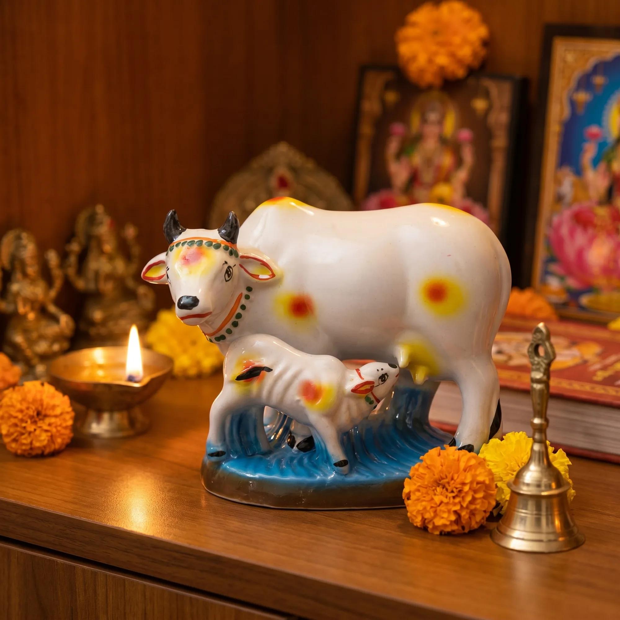 Ceramic Cow & Calf (Kamadhenu) Showpiece – Sacred Décor for Home & Gifting