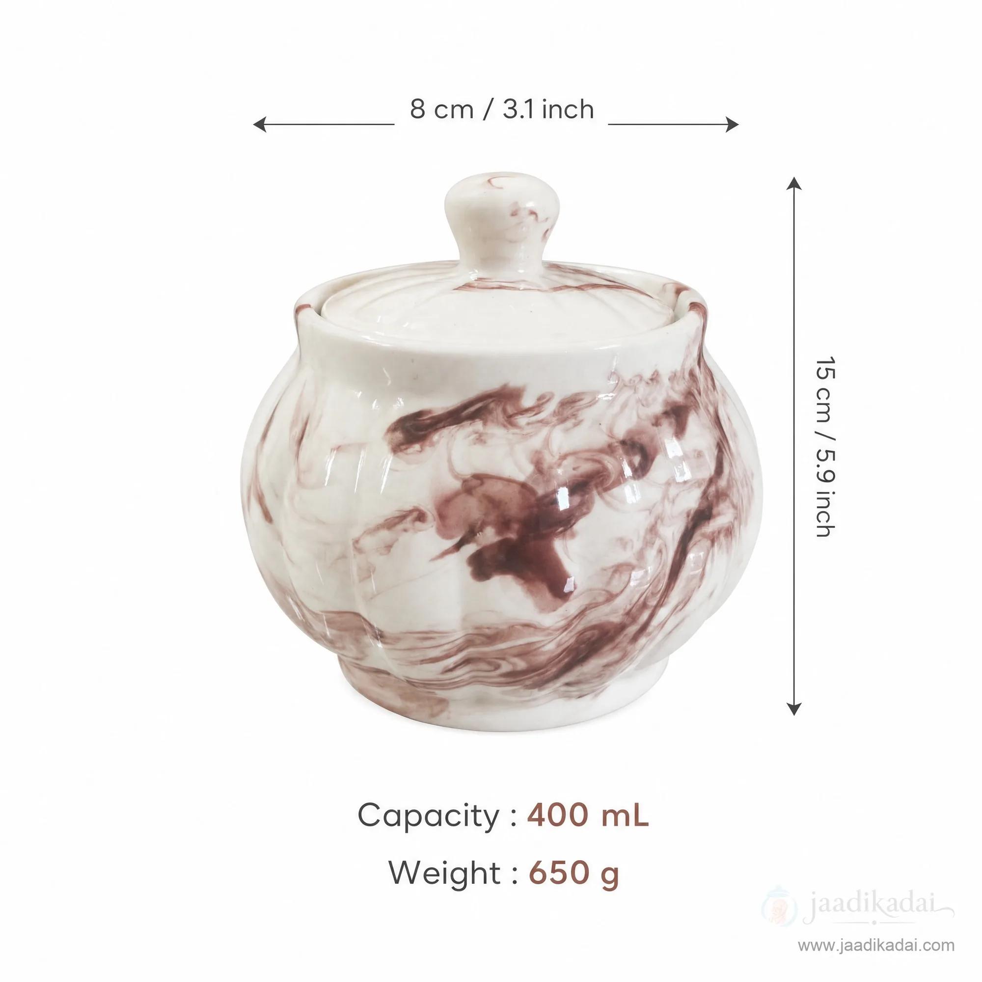 Brown swirl ceramic storage pot showing its dimensions (15cm height, 8cm width) and 400ml capacity.