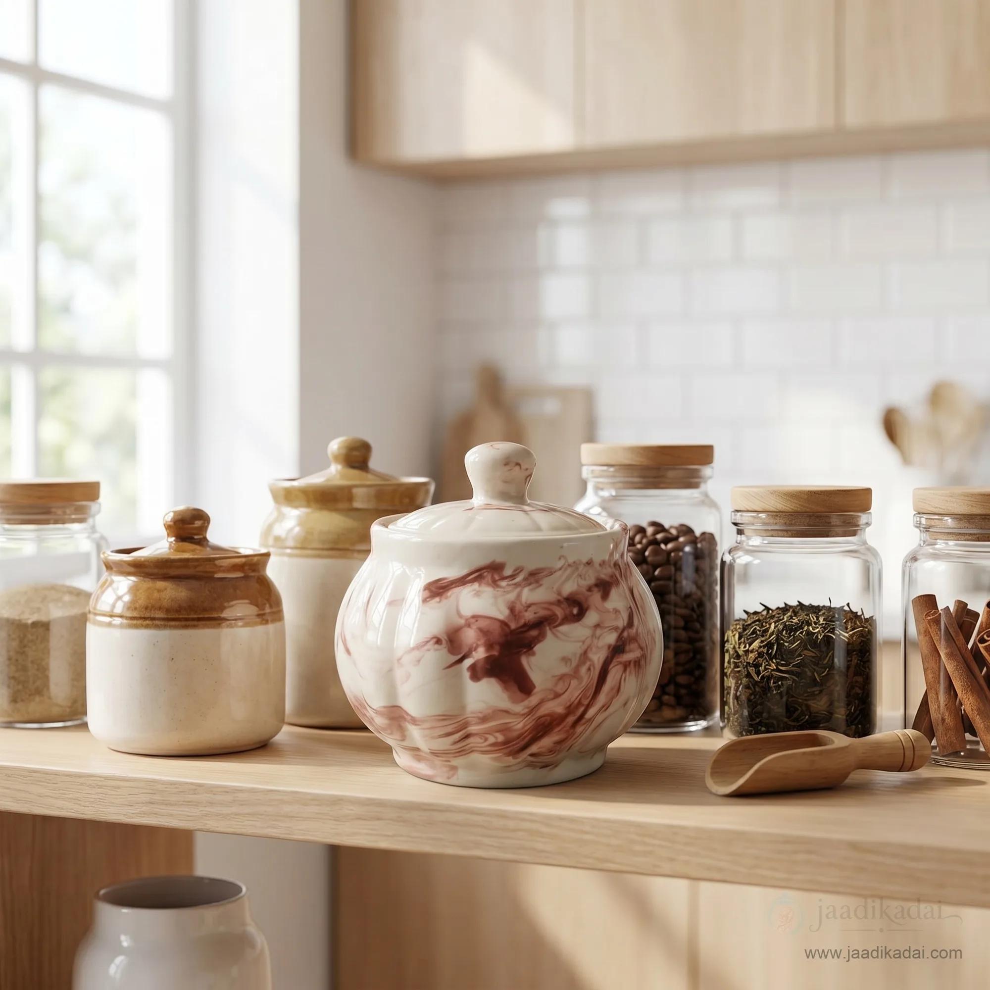 Brown swirl ceramic storage pot with lid on a kitchen shelf with other jars and spices.