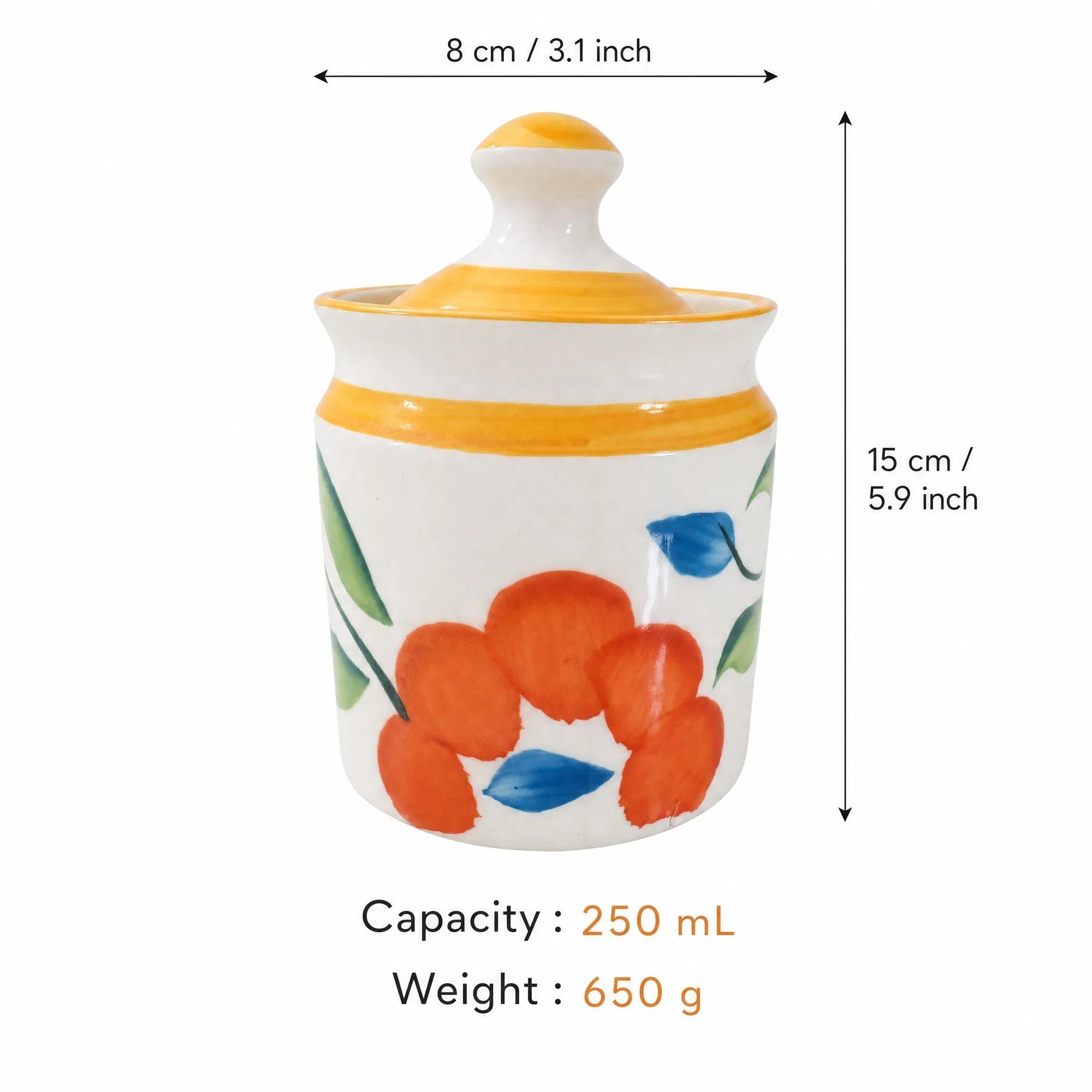 Diagram showing the floral ceramic storage jar with its height (15cm), width (8cm), capacity (250ml), and weight (650g).