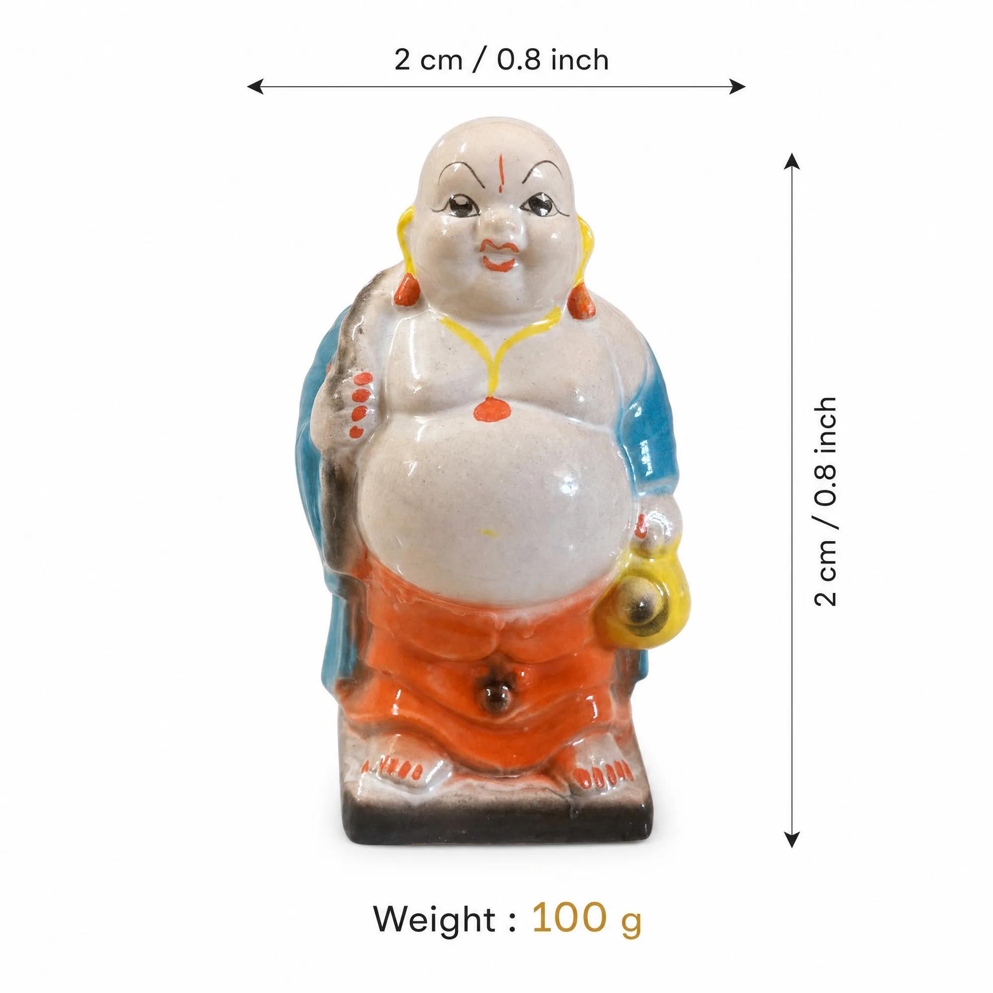 Ceramic Laughing Buddha idol with overlaid text displaying its tiny dimensions of 2 cm height and width, and 100g weight.