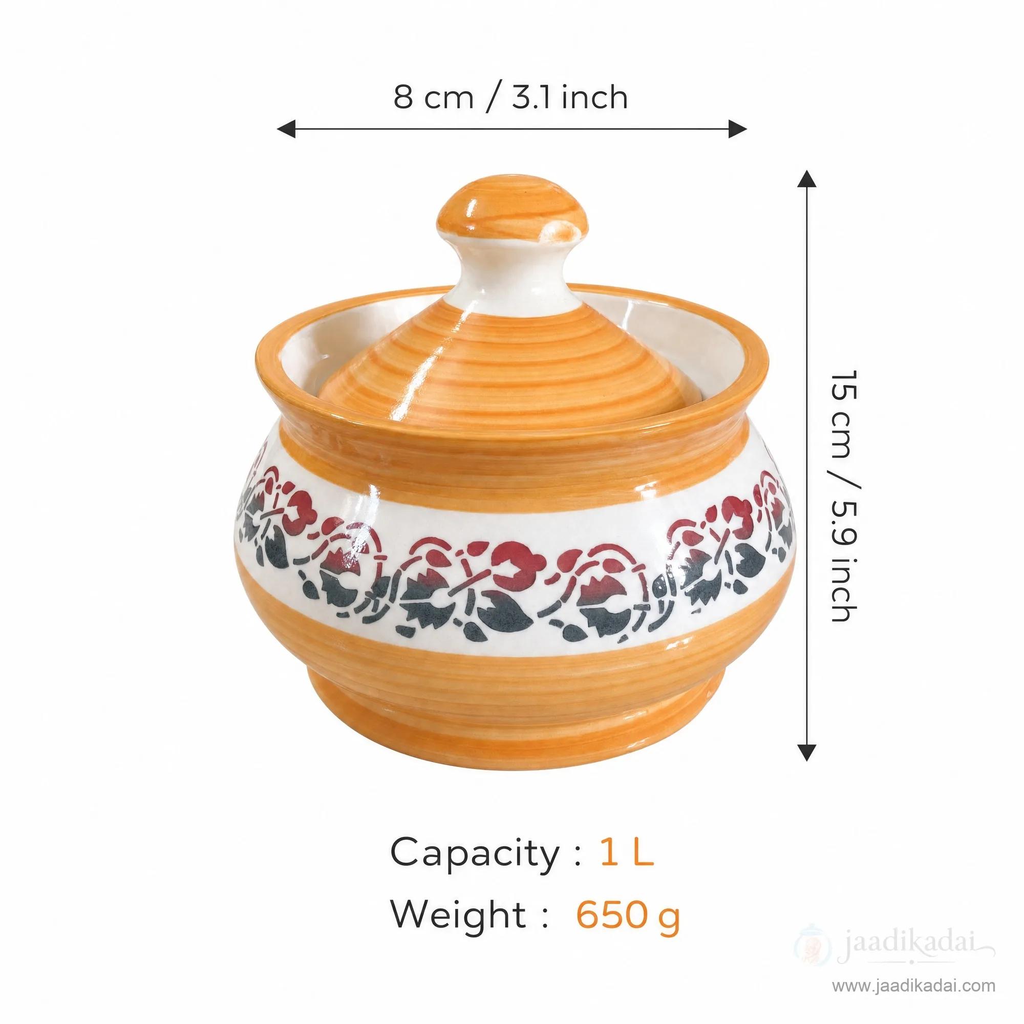Orange ceramic storage pot with lid, displaying its 1L capacity and dimensions of 15cm height.