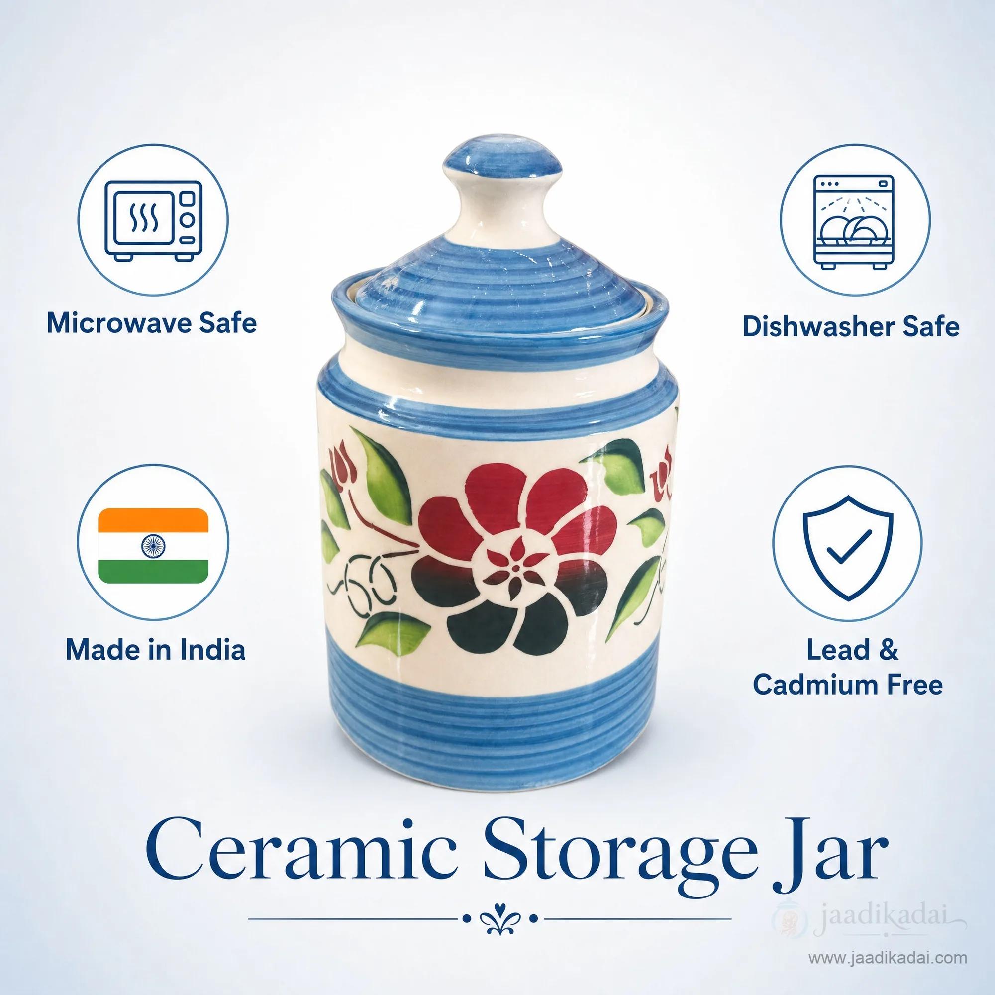 Infographic highlighting features of the blue floral ceramic storage jar: microwave safe, dishwasher safe, lead-free, made in India.