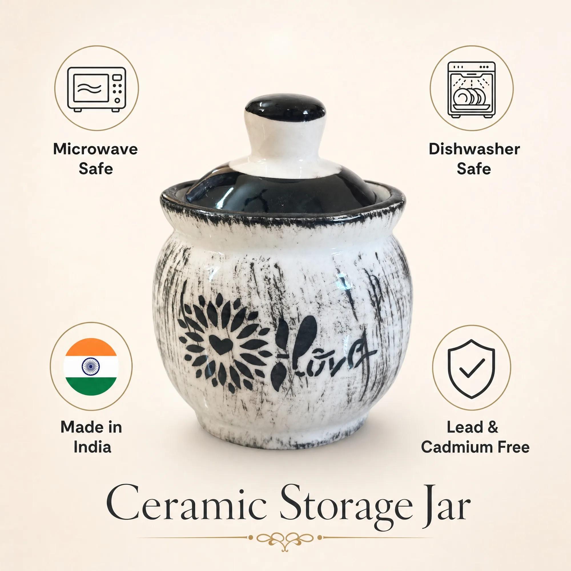 Infographic highlighting the white ceramic storage jar's features: microwave/dishwasher safe, Made in India, and lead/cadmium free.