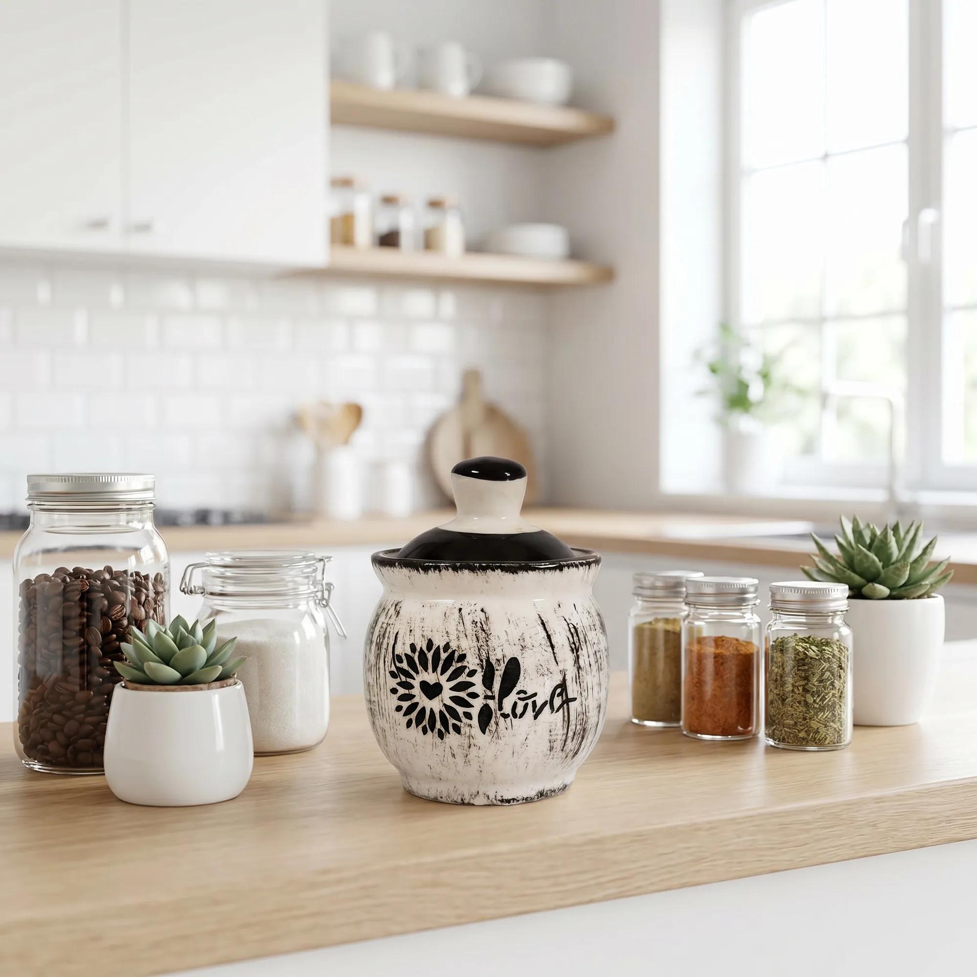 A white ceramic storage jar with black floral print shown in a modern kitchen setting alongside other jars and succulents.