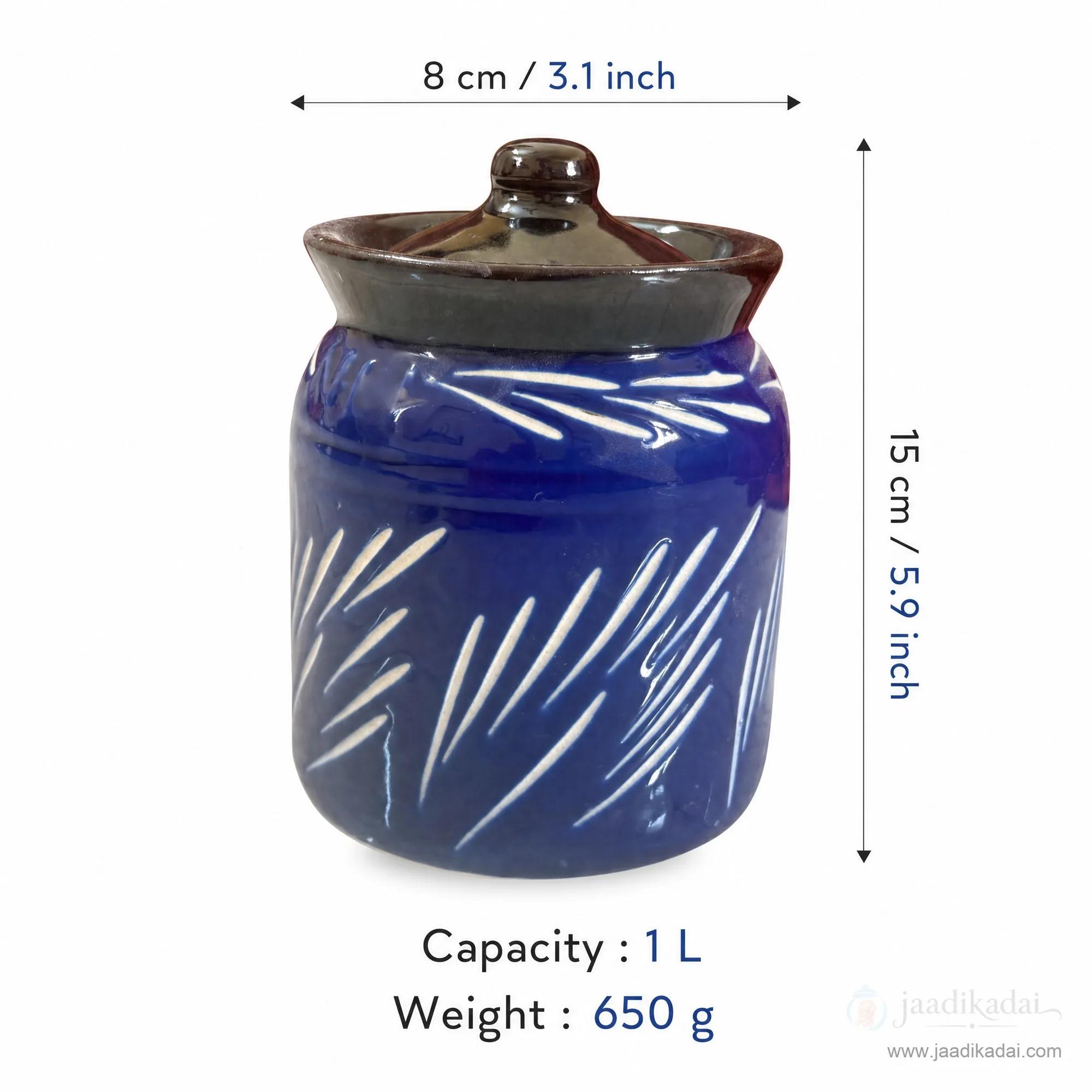 A cobalt blue ceramic jar showcasing its dimensions (8 cm x 15 cm) and 1 litre capacity details on a white background.