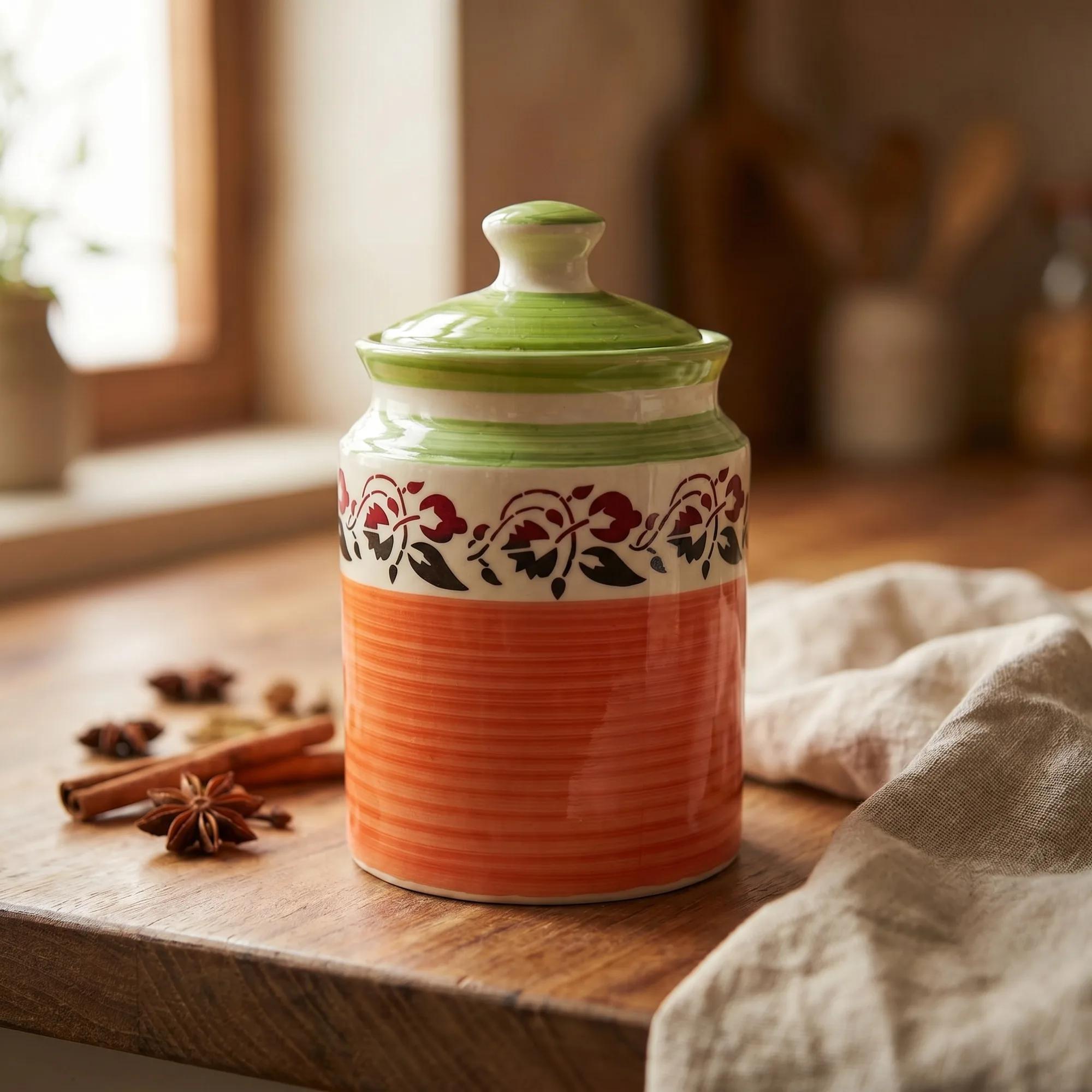 Ceramic Storage Jar 1L – Orange & Green Floral Kitchen Canister with Lid