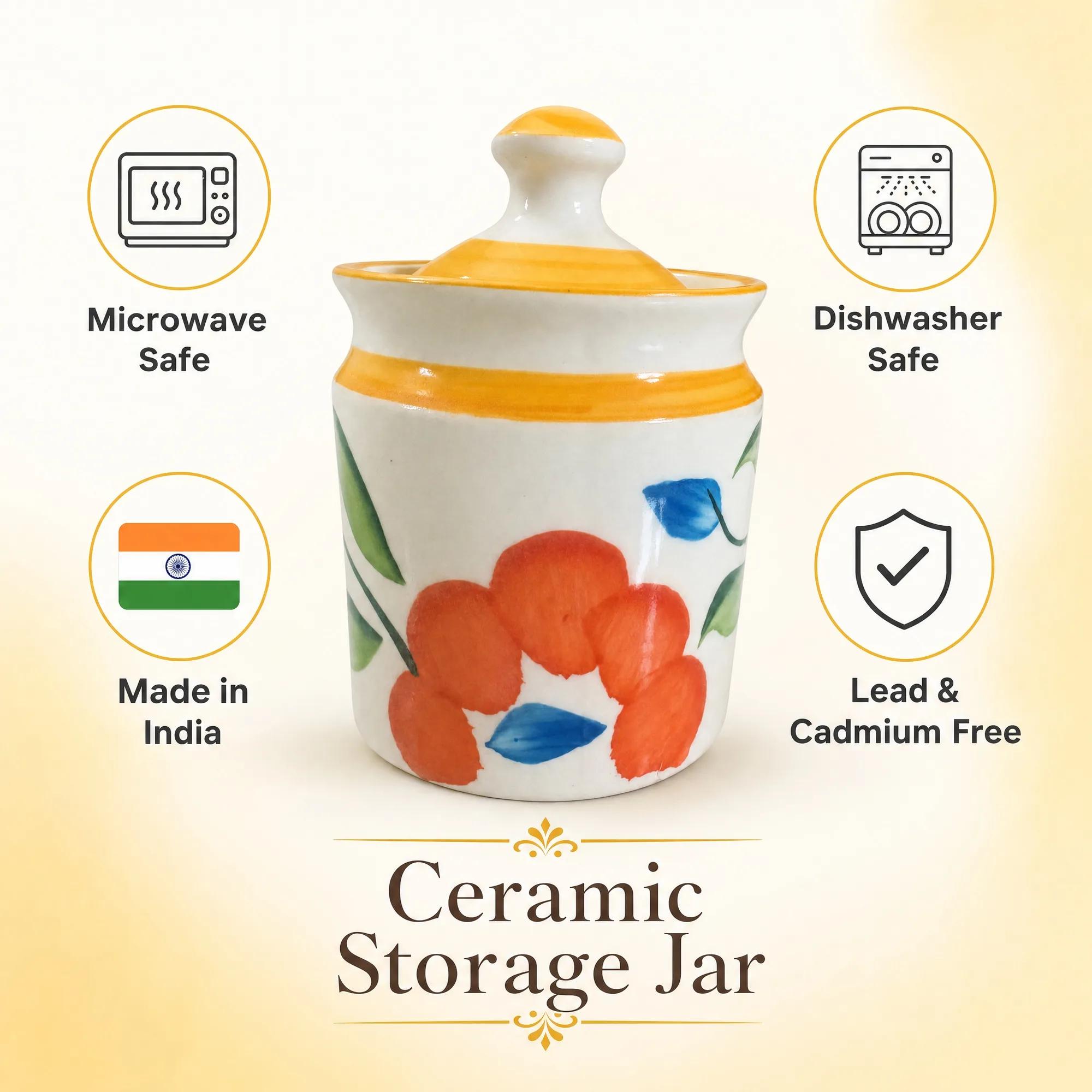 Floral ceramic storage jar with feature icons: Microwave Safe, Dishwasher Safe, Made in India, Lead & Cadmium Free.