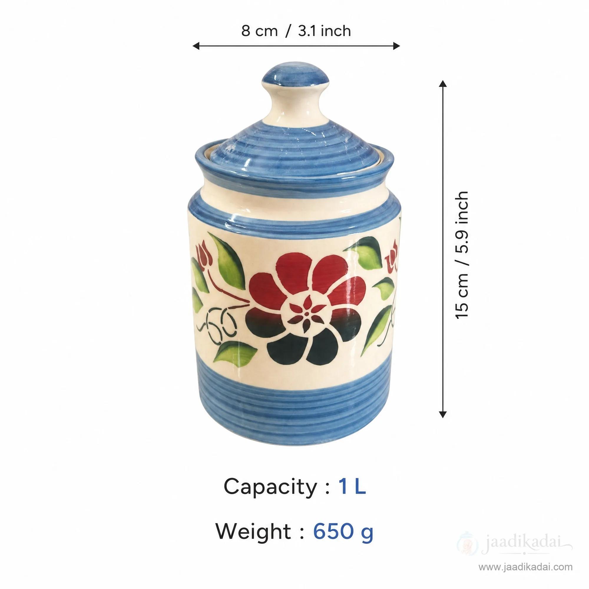 Dimensions and capacity (1L) of the blue floral ceramic storage jar shown against a white background.