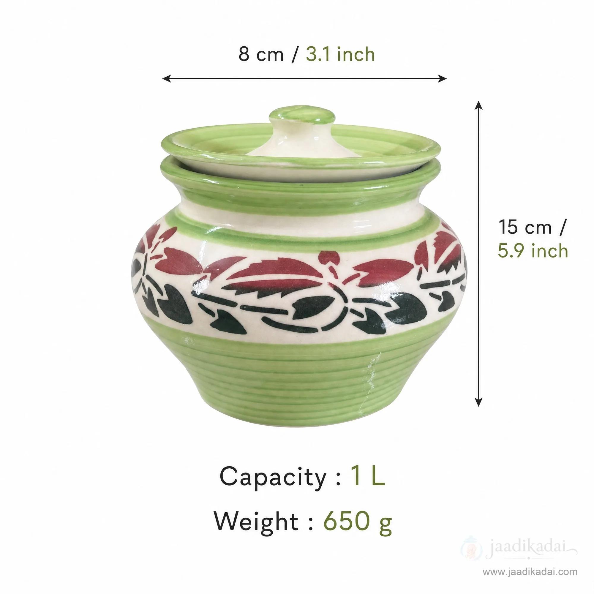 Green floral ceramic storage pot with overlaid text displaying its dimensions and 1L capacity.