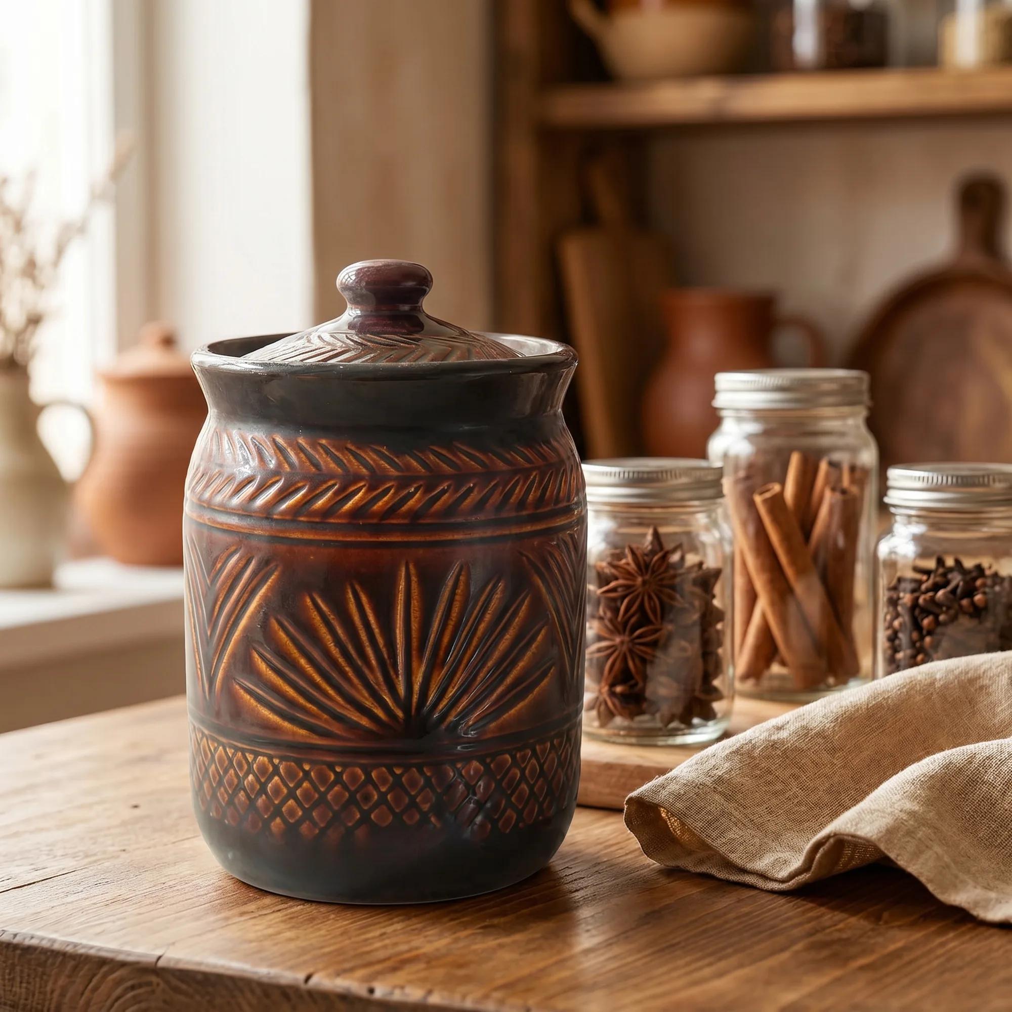Ceramic Storage Jar 1L – Brown Embossed Kitchen Canister with Lid