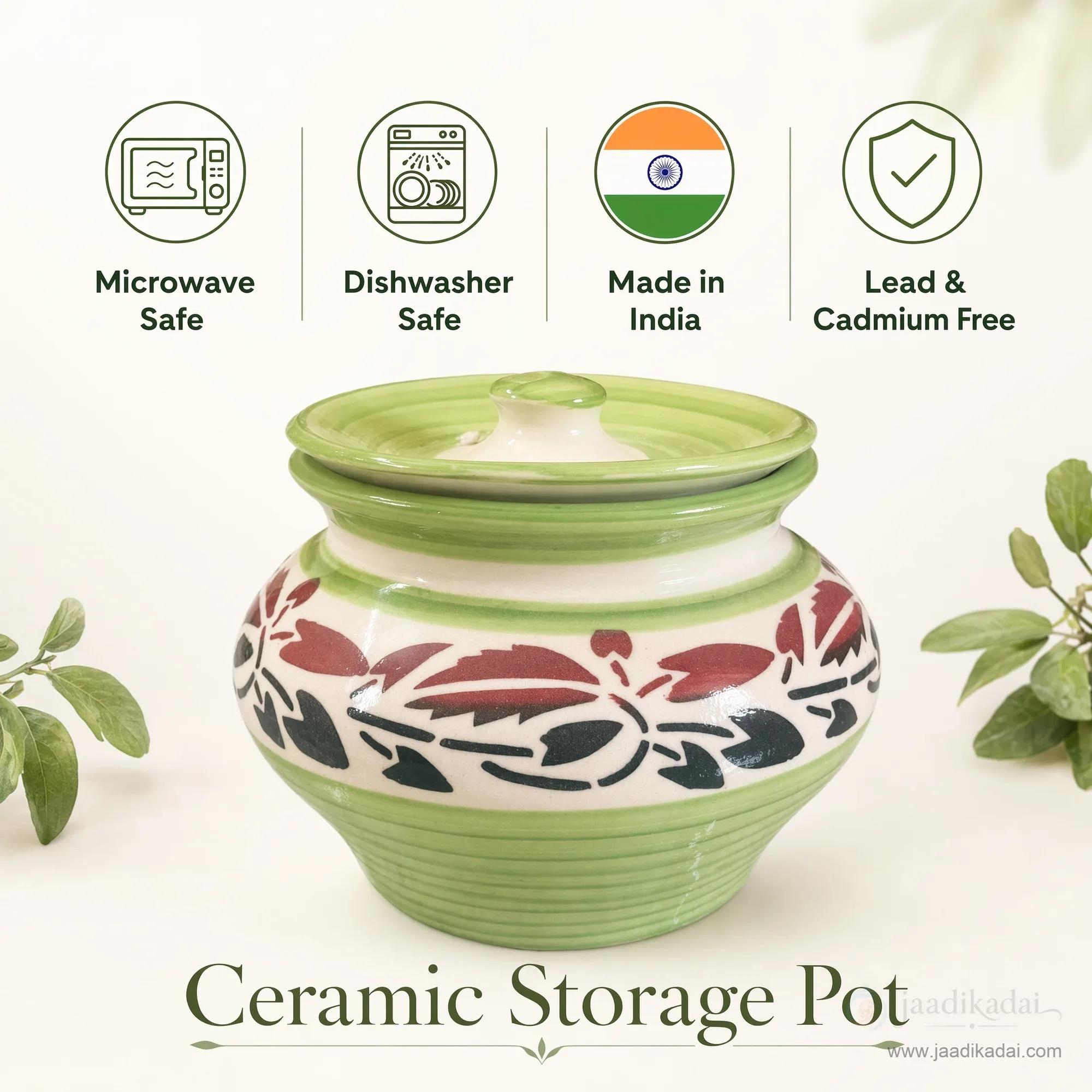 Green floral ceramic storage pot with icons showing microwave safe, dishwasher safe, Made in India, and Lead & Cadmium Free.