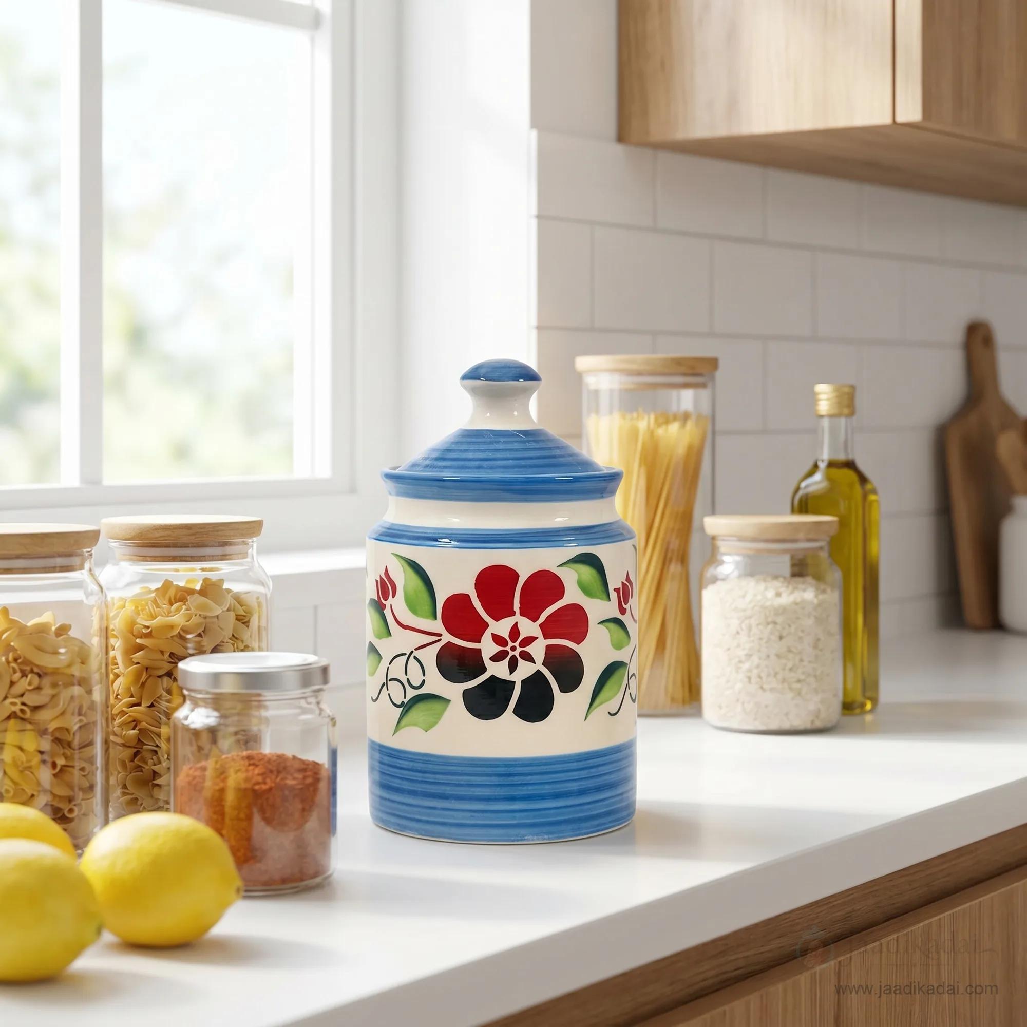 Blue floral ceramic storage jar displayed on a bright white kitchen countertop next to other food containers.