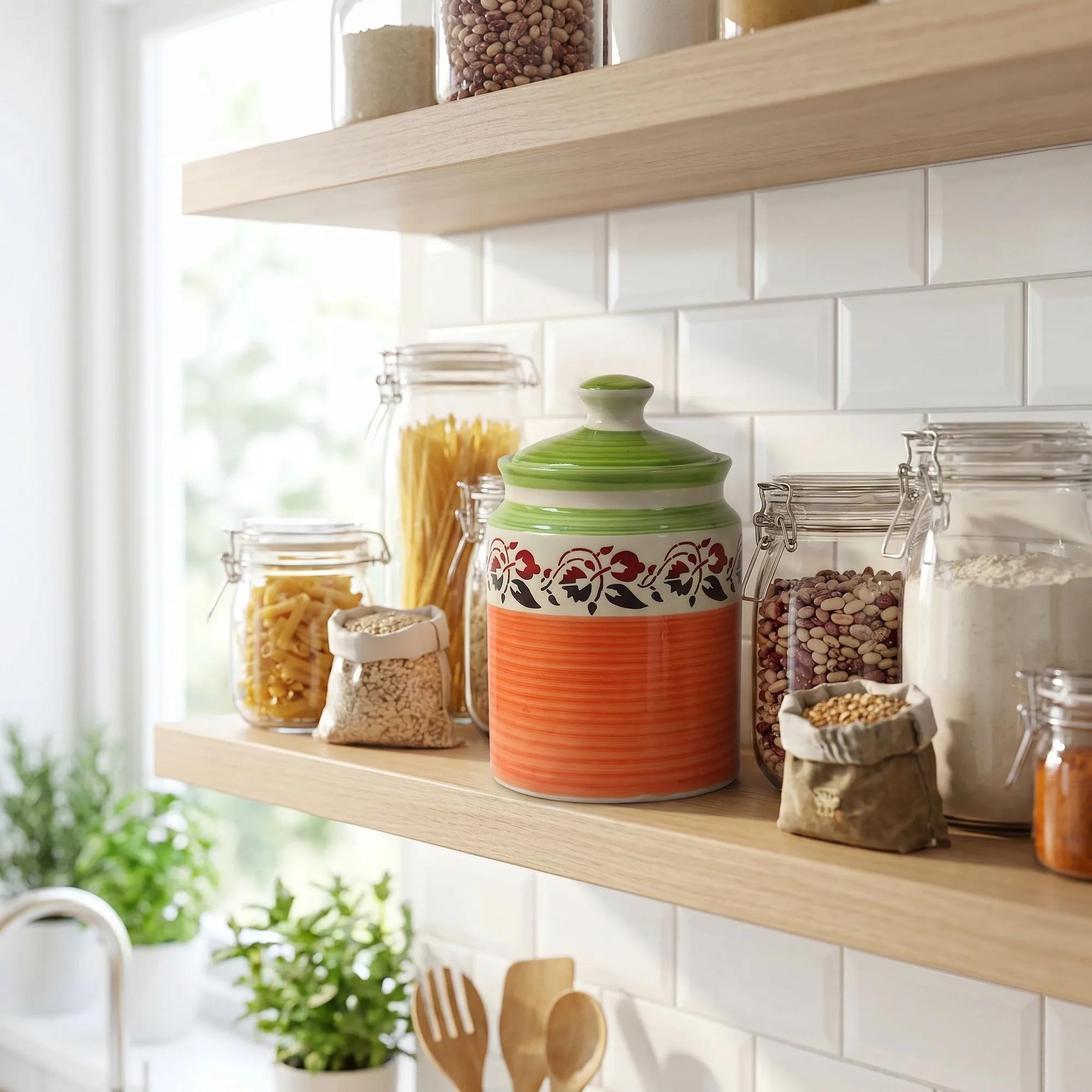 The orange and green ceramic storage jar displayed on a kitchen shelf amidst various other food containers and plants.