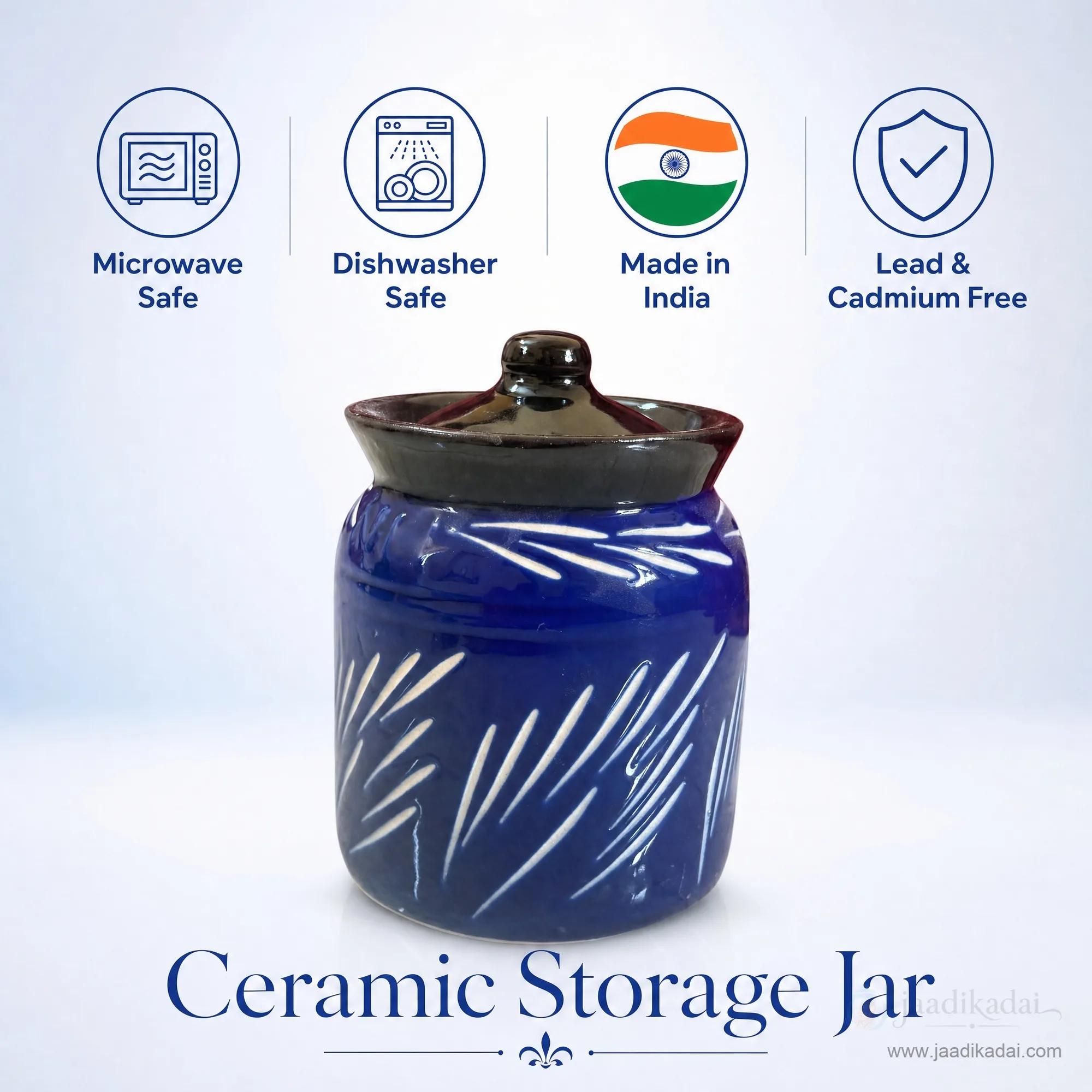 Close-up of the cobalt blue ceramic storage jar highlighting its microwave safe, dishwasher safe, and lead-free features.