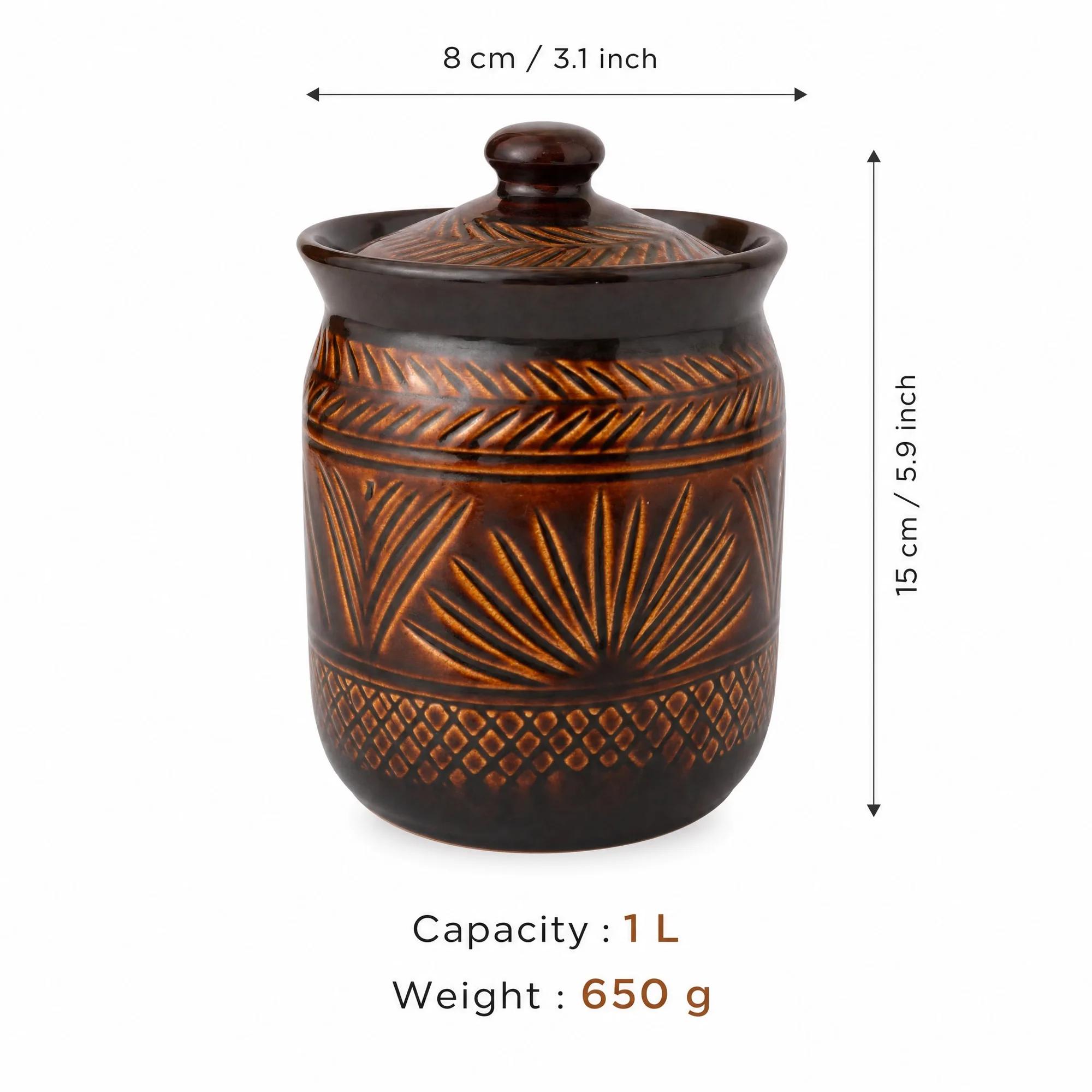 Brown ceramic storage jar with its dimensions and capacity (1L) overlayed on a white background.
