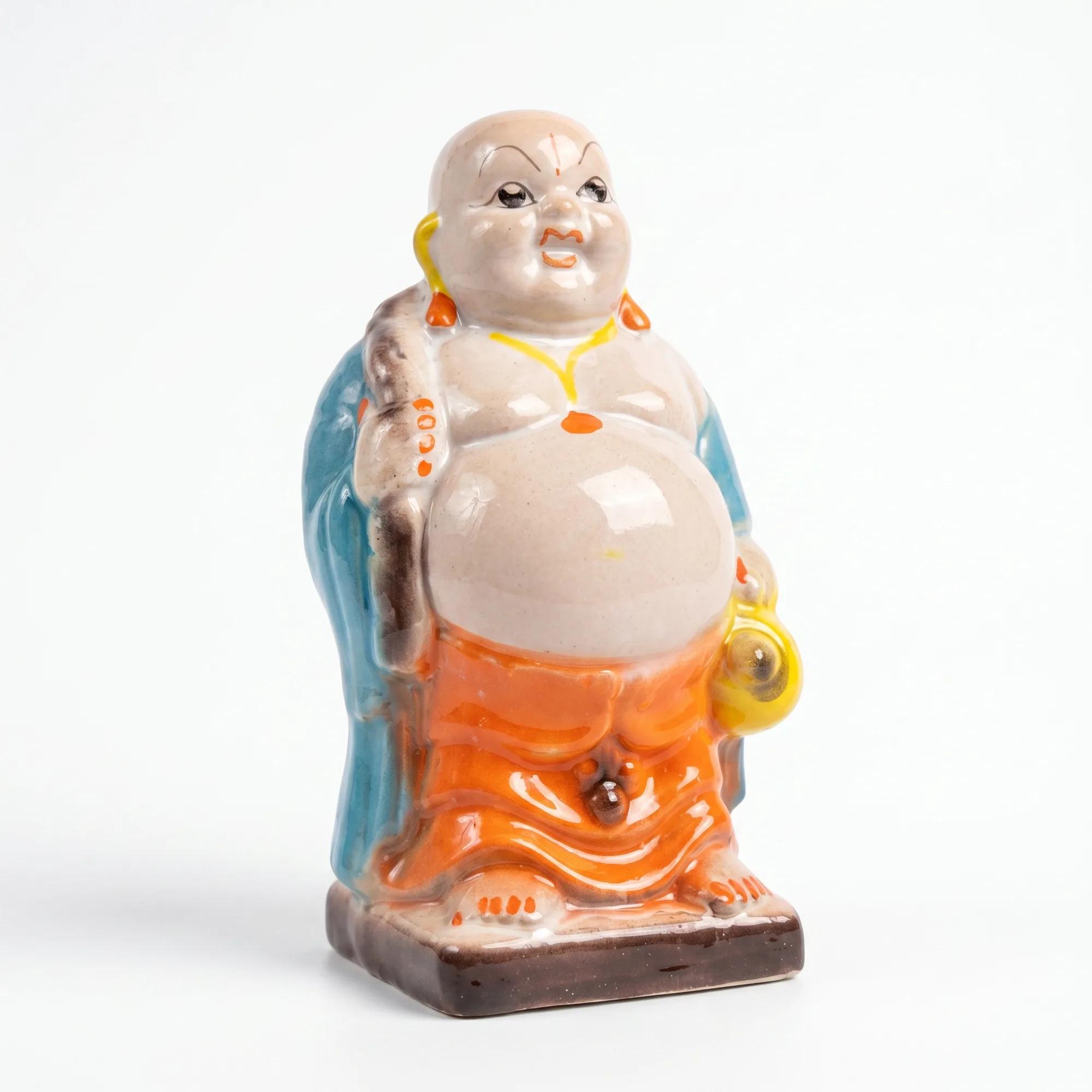 Front view of the small, glazed ceramic Laughing Buddha idol against a plain white background.