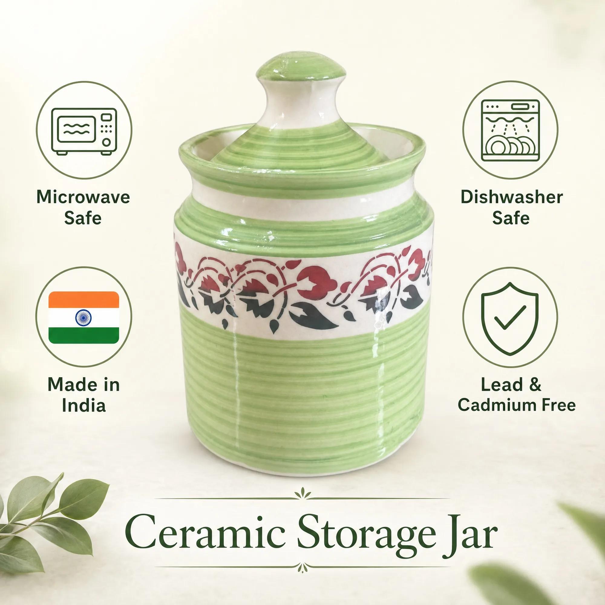 Graphic of the green floral ceramic storage jar with icons indicating it is microwave safe, dishwasher safe, and lead-free.