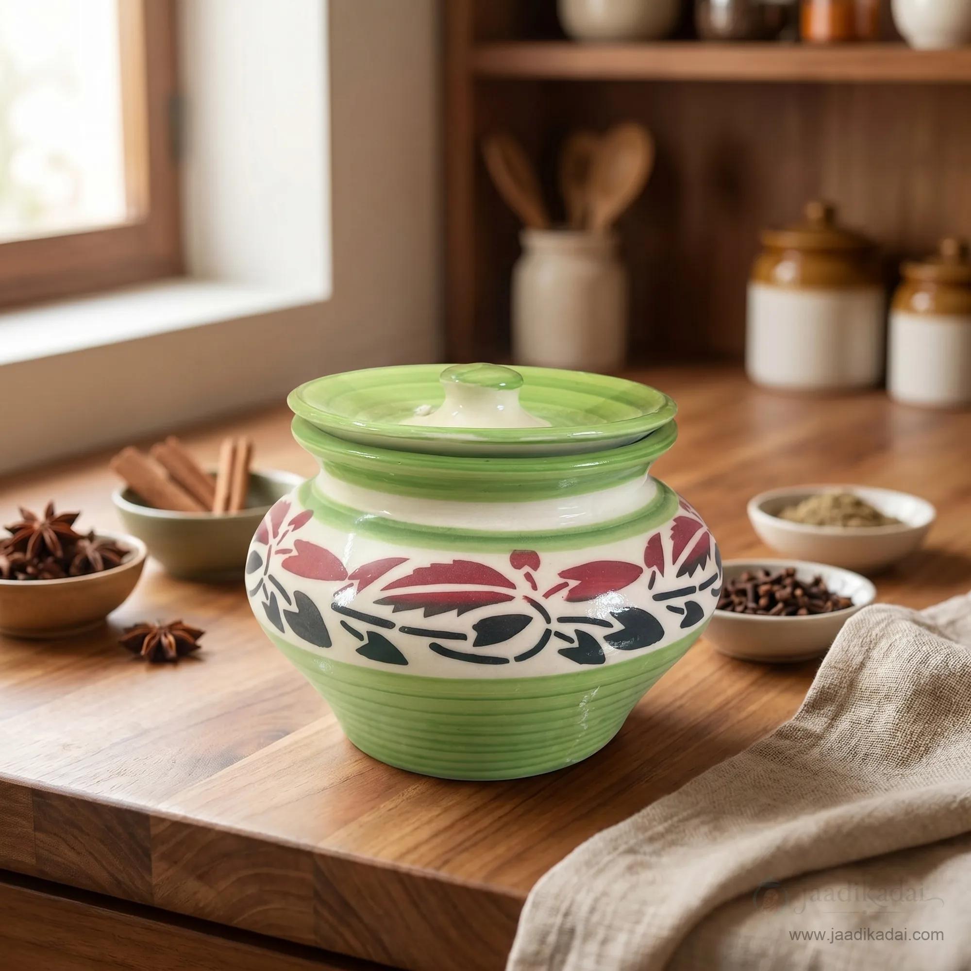 Ceramic Storage Pot 1L – Green Floral Round Kitchen Jar with Lid