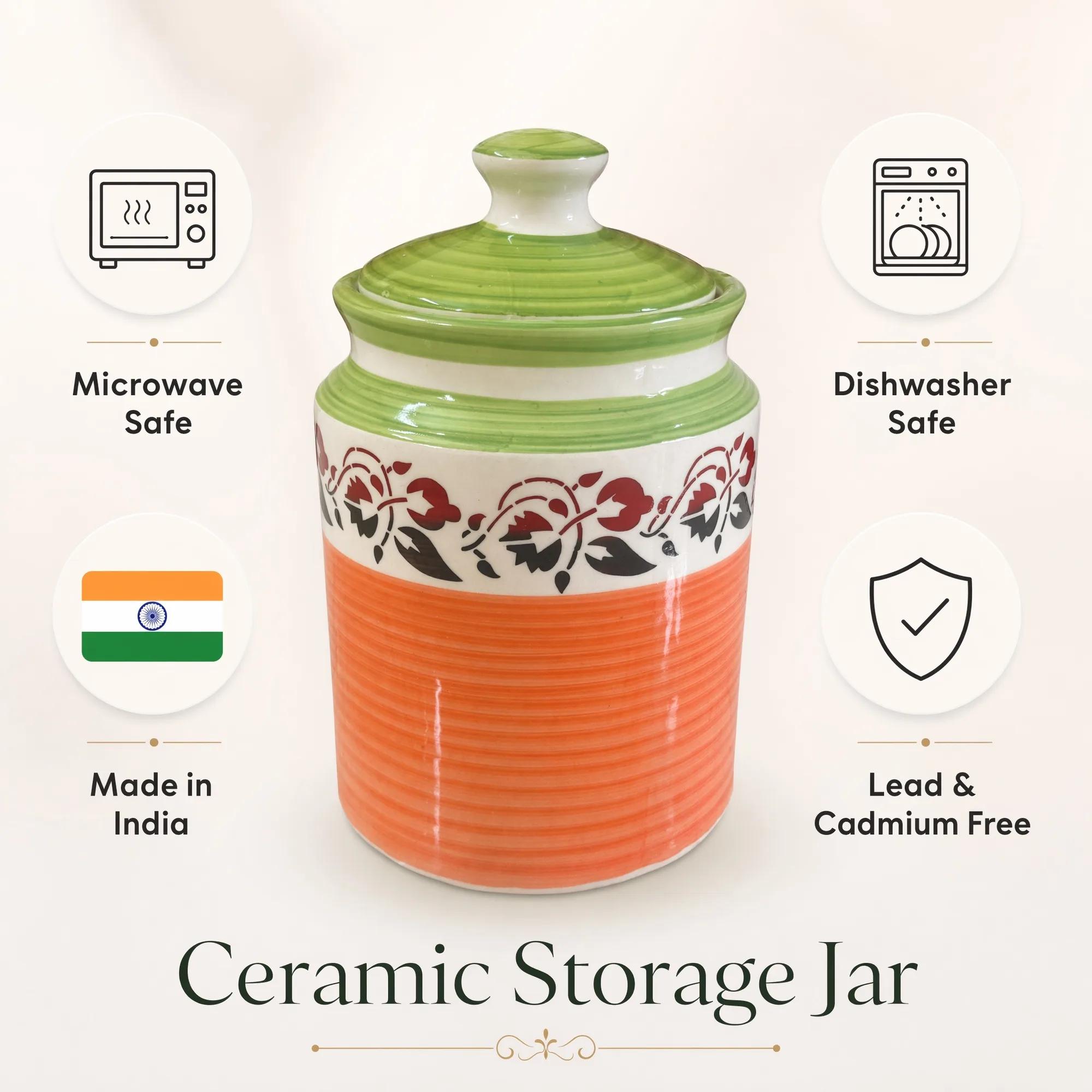 An infographic featuring the ceramic storage jar and icons highlighting its microwave safe, dishwasher safe, and lead-free properties.