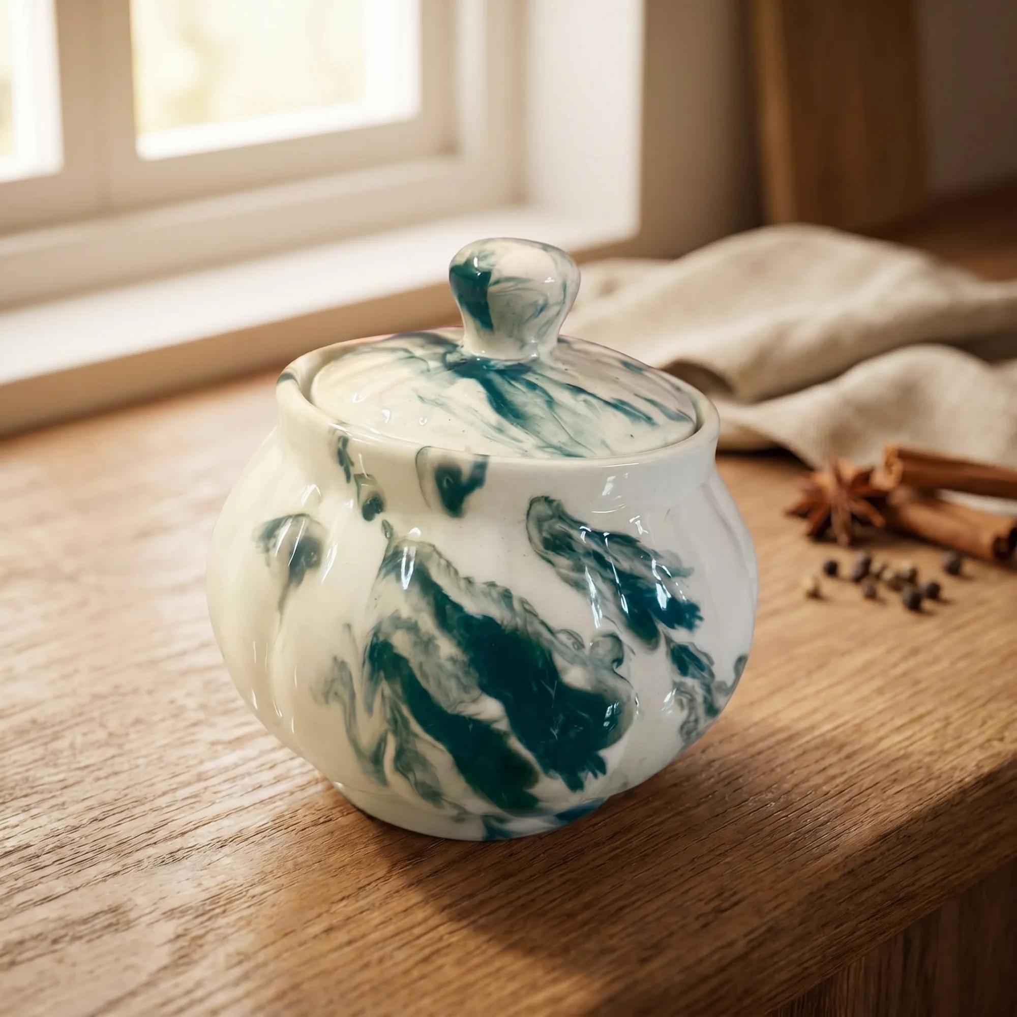 Ceramic Storage Pot 400ml – Brown Swirl Round Kitchen Jar with Lid