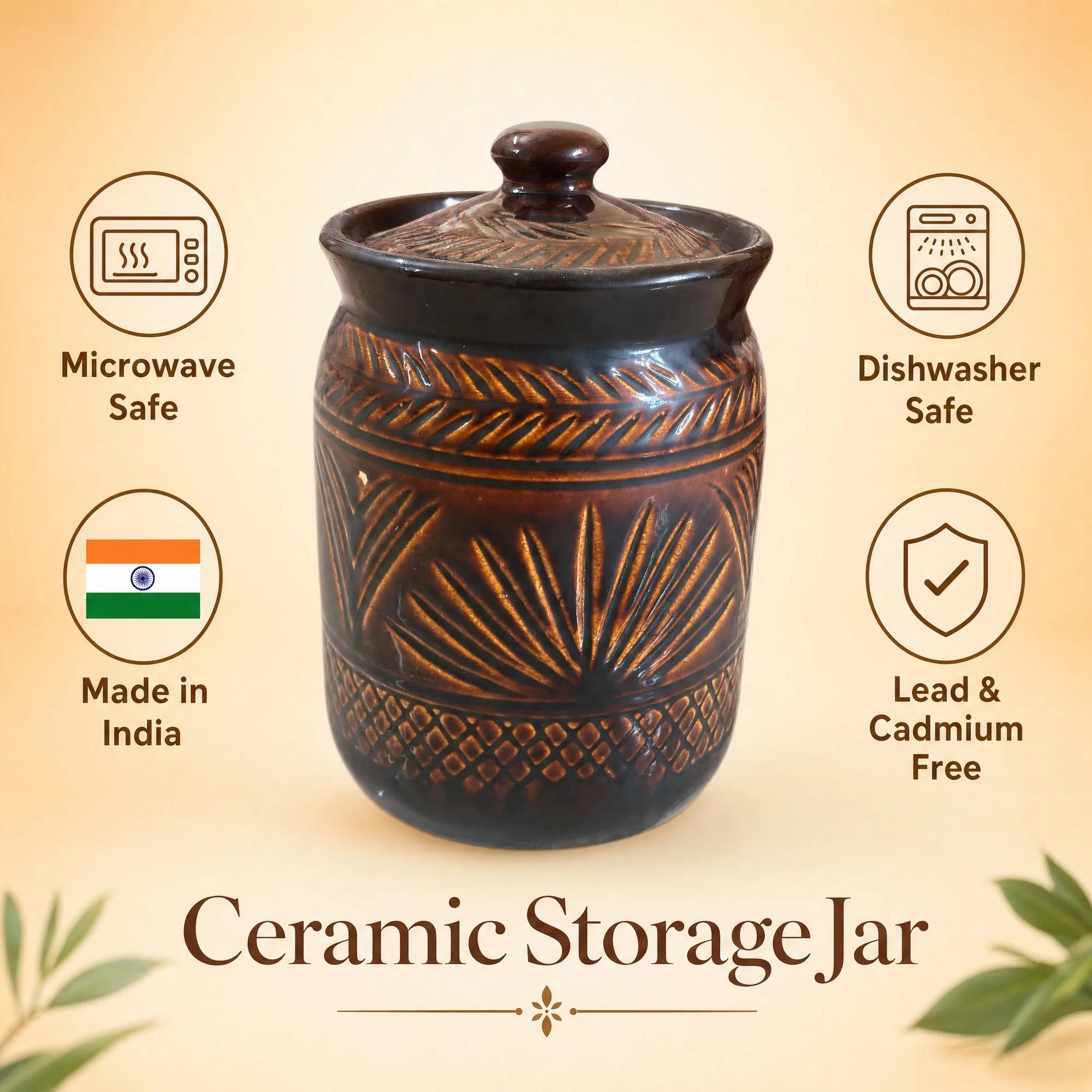 Brown ceramic storage jar with icons indicating microwave safe, dishwasher safe, Made in India, and lead & cadmium free.