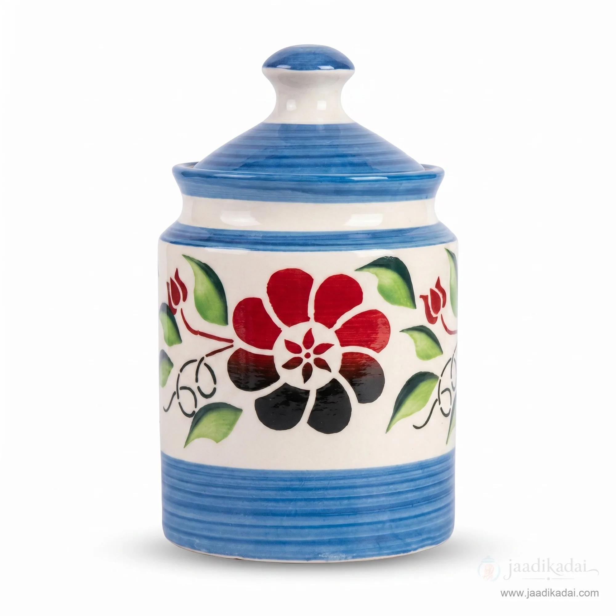 Front view of the blue and white floral ceramic storage jar with its matching lid on a white background.