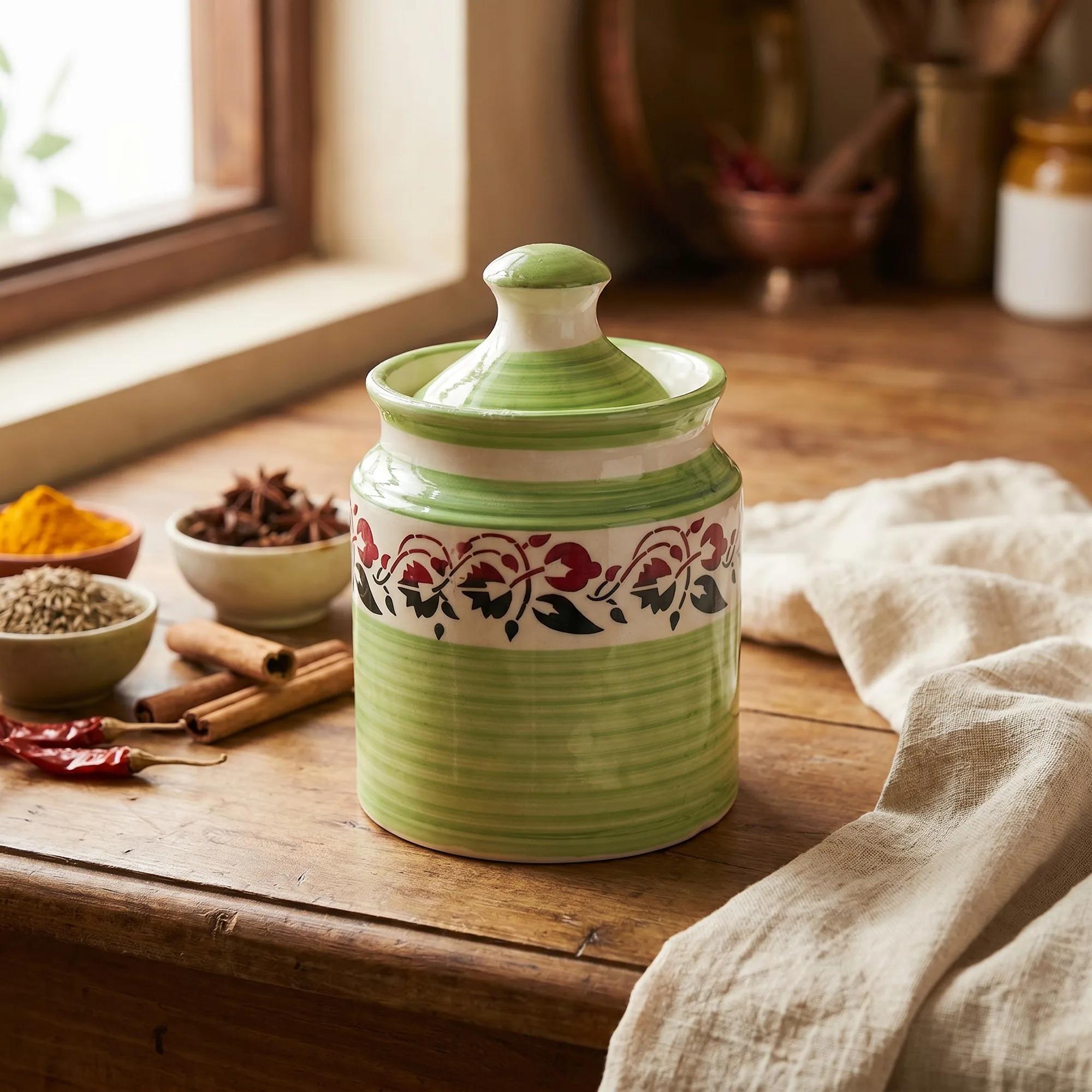 Ceramic Storage Jar 1L – Green Floral Kitchen Canister with Lid