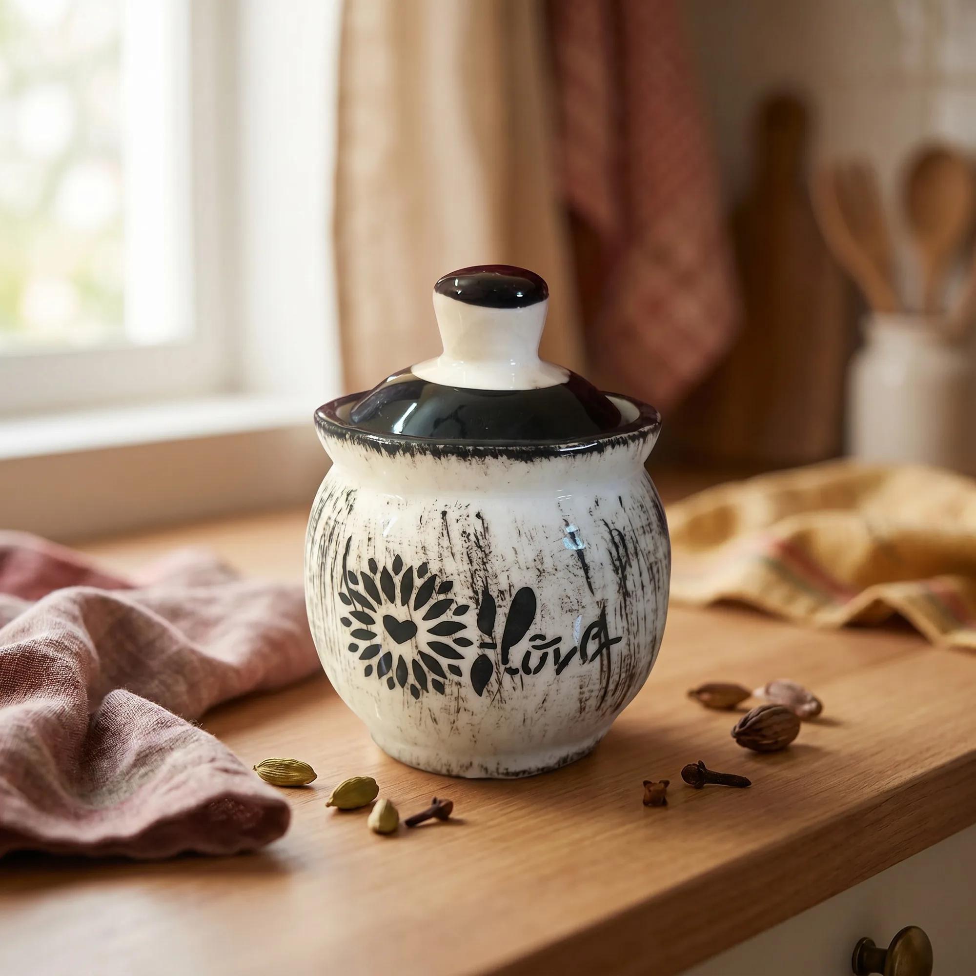 Ceramic Storage Jar 100ml – White Floral Print Kitchen Canister with Lid