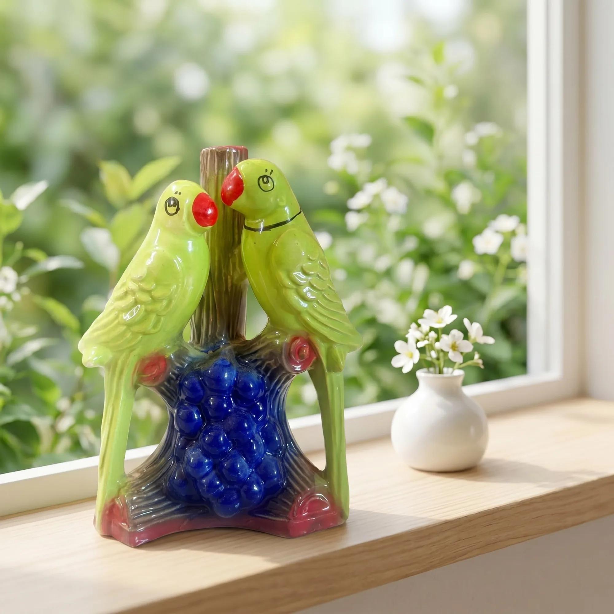 Green ceramic parrot pair showpiece with blue grapes on a windowsill, bathed in natural light.
