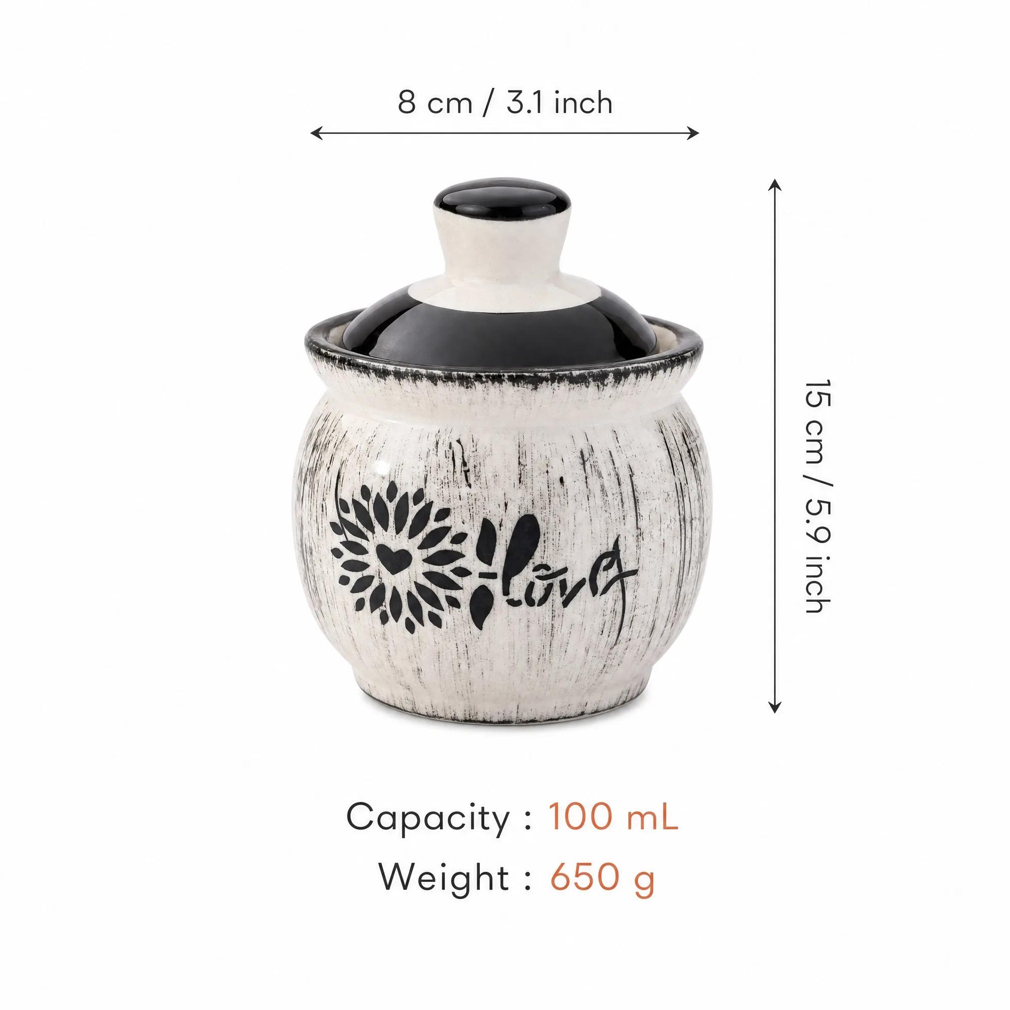 Dimensions of the 100ml white ceramic storage jar, showing its 8cm width and 15cm height with capacity and weight.