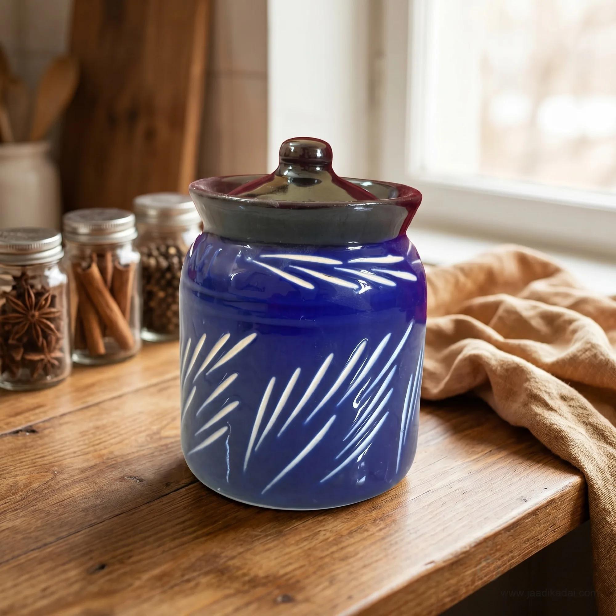 Ceramic Storage Jar 1L – Cobalt Blue Kitchen Canister with Lid