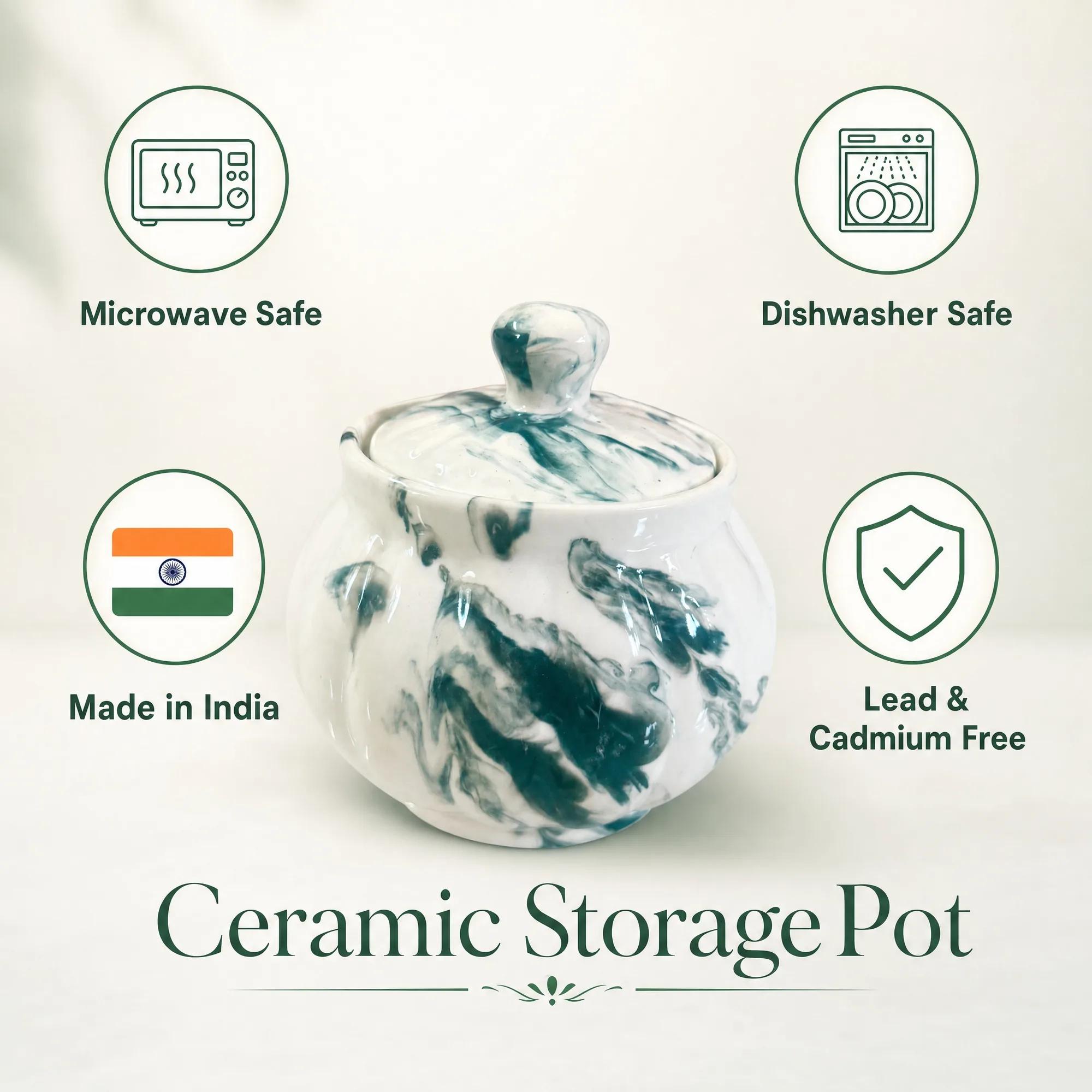 The ceramic storage pot shown with icons highlighting features like Microwave Safe, Dishwasher Safe, Made in India, and Lead & Cadmium Free.