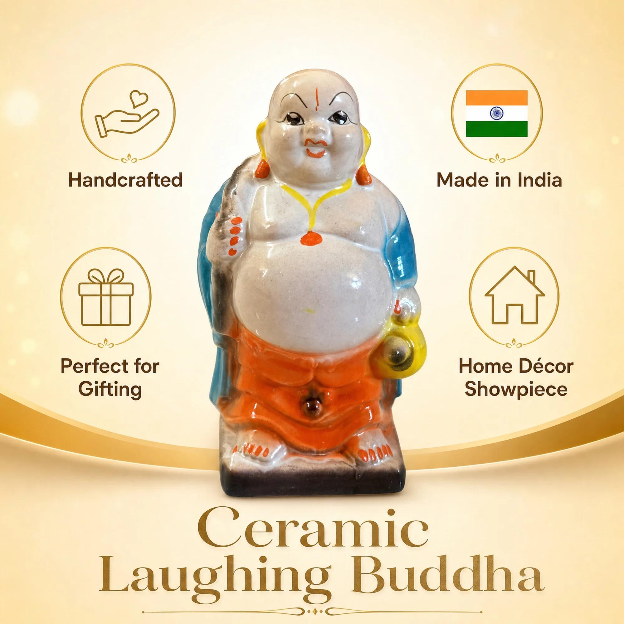 Ceramic Laughing Buddha showpiece surrounded by icons for, Made in India, perfect for gifting, and home décor showpiece.
