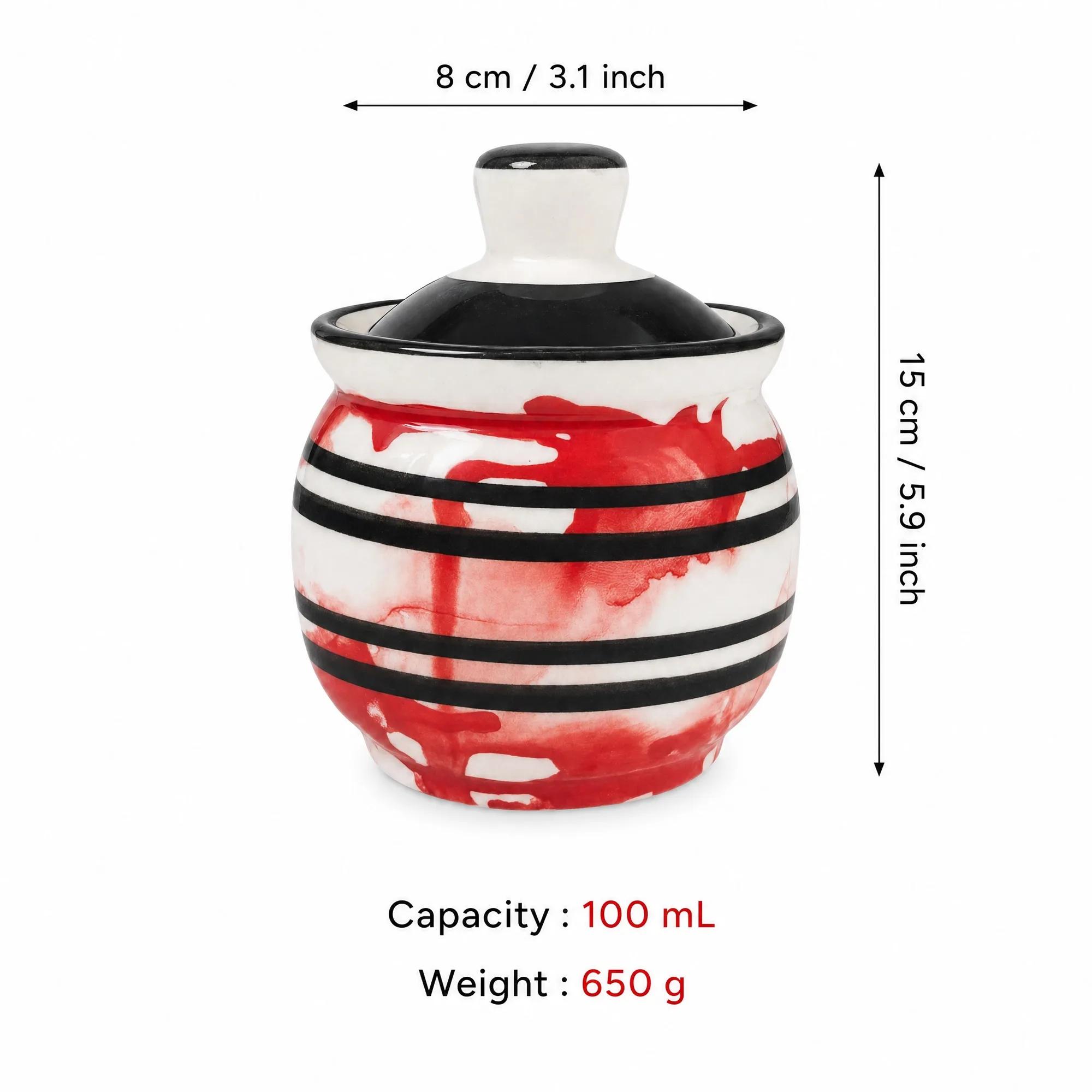 Measurements of the 100ml red and black stripe ceramic jar showing 15cm height and 8cm width with capacity.