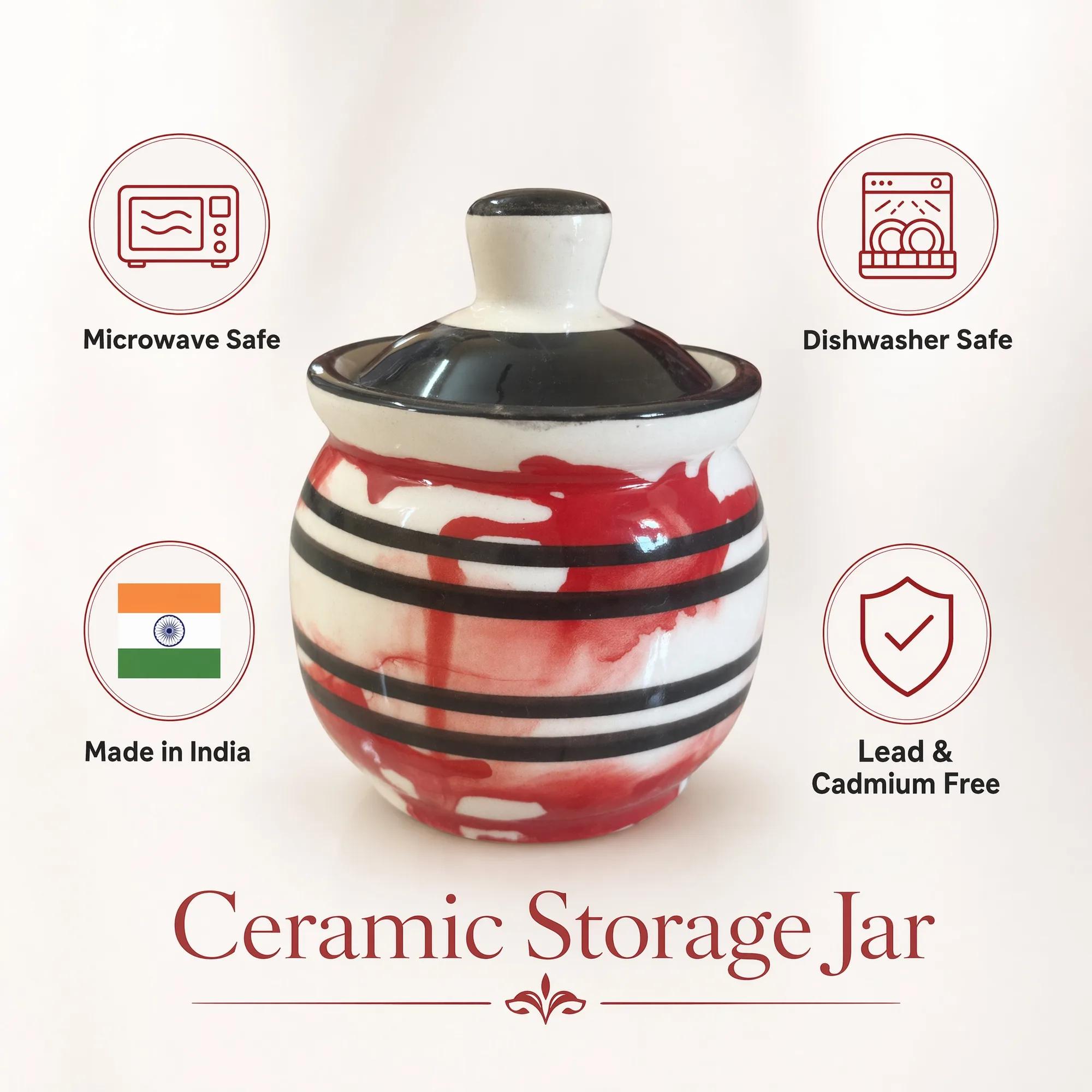 Red and black stripe ceramic storage jar with icons indicating microwave/dishwasher safe, Made in India, and lead-free features.