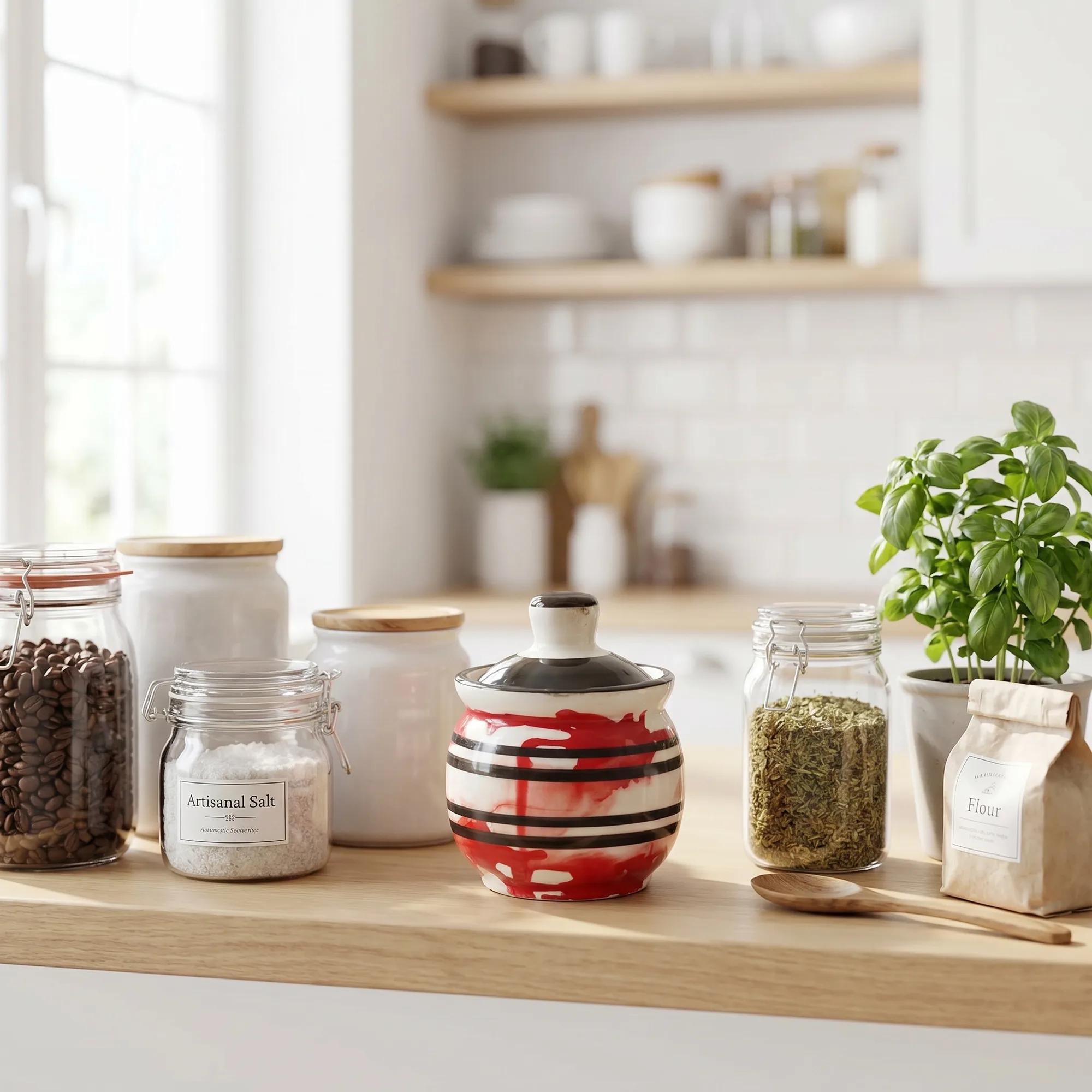 Red and black stripe ceramic storage jar on a bright kitchen counter with other containers and a basil plant.