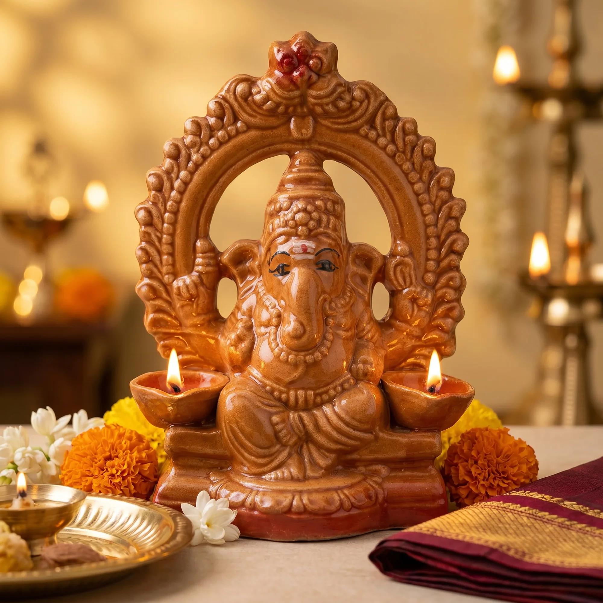 Ceramic Ganesha idol with lit diyas, placed on a surface with traditional pooja items and a dark red cloth.