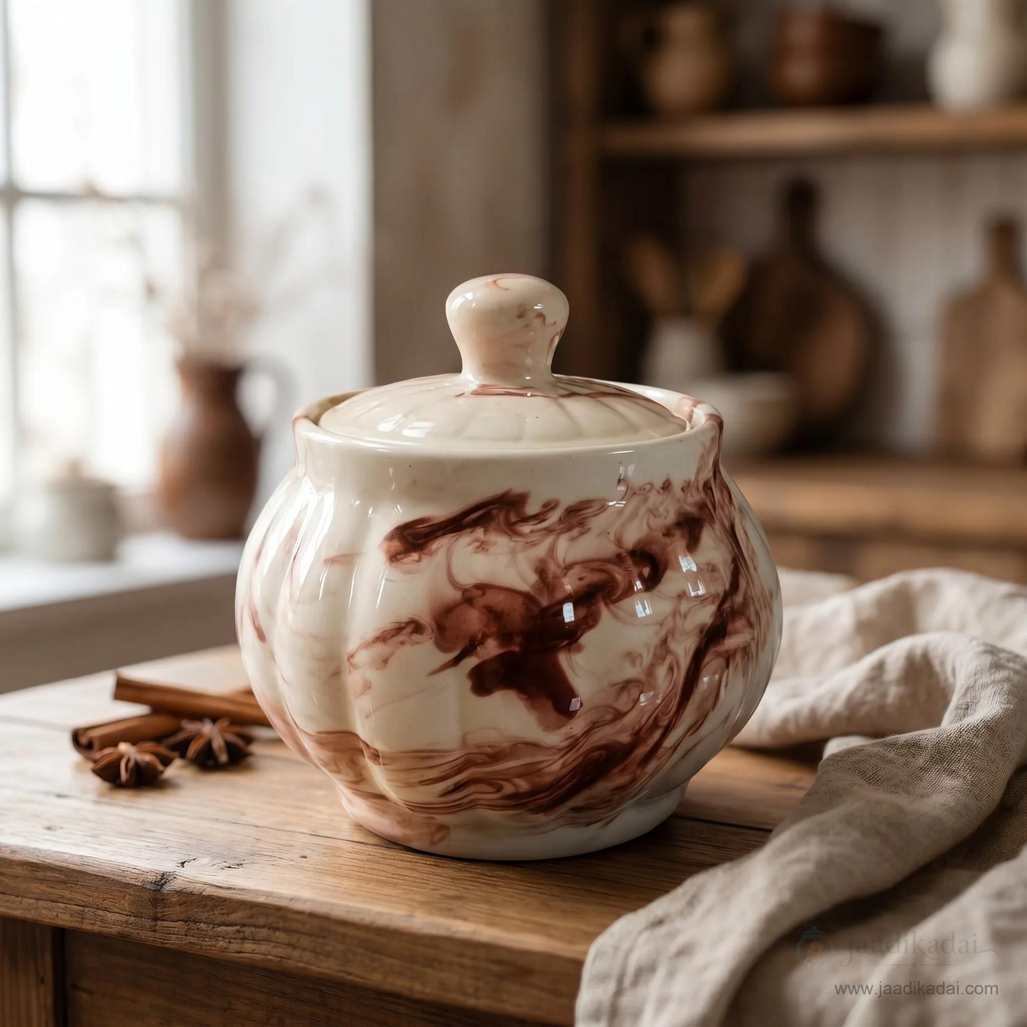 Ceramic Storage Pot 400ml – Brown Swirl Round Kitchen Jar with Lid