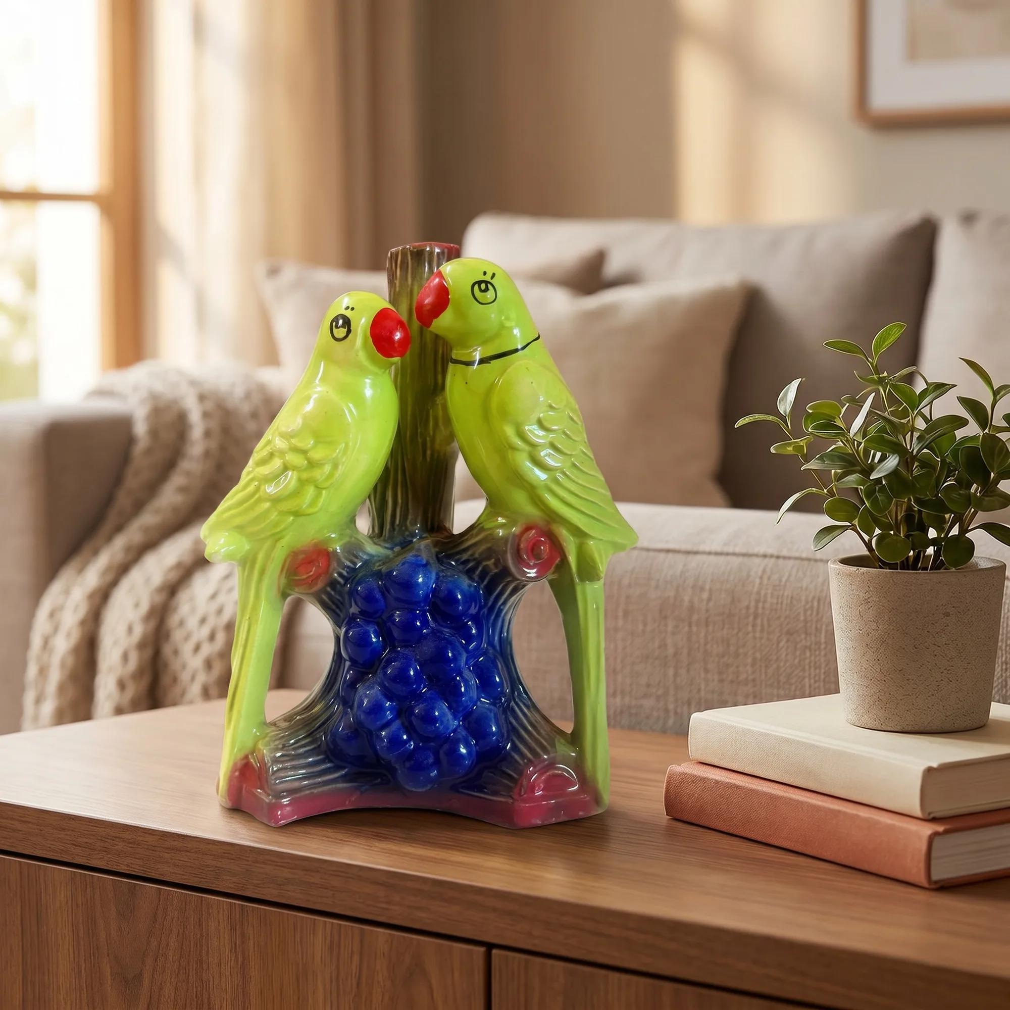 Ceramic Love Birds Parrot Pair Showpiece – Green Décor for Home & Gifting