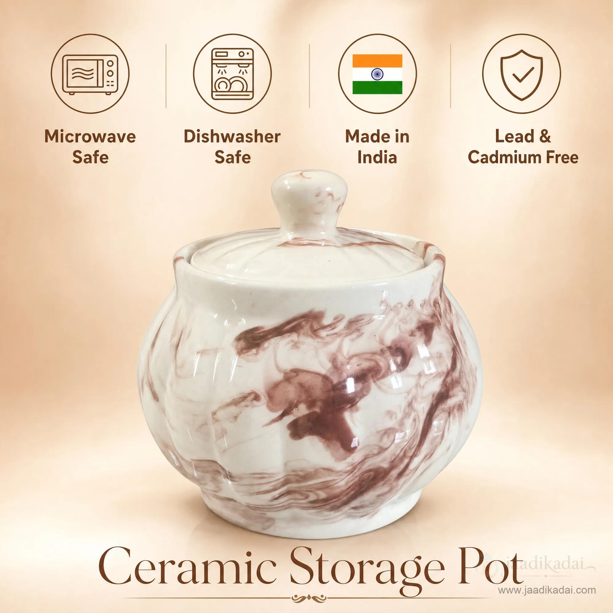 Brown swirl ceramic storage pot highlighting its microwave safe, dishwasher safe, and lead-free features.