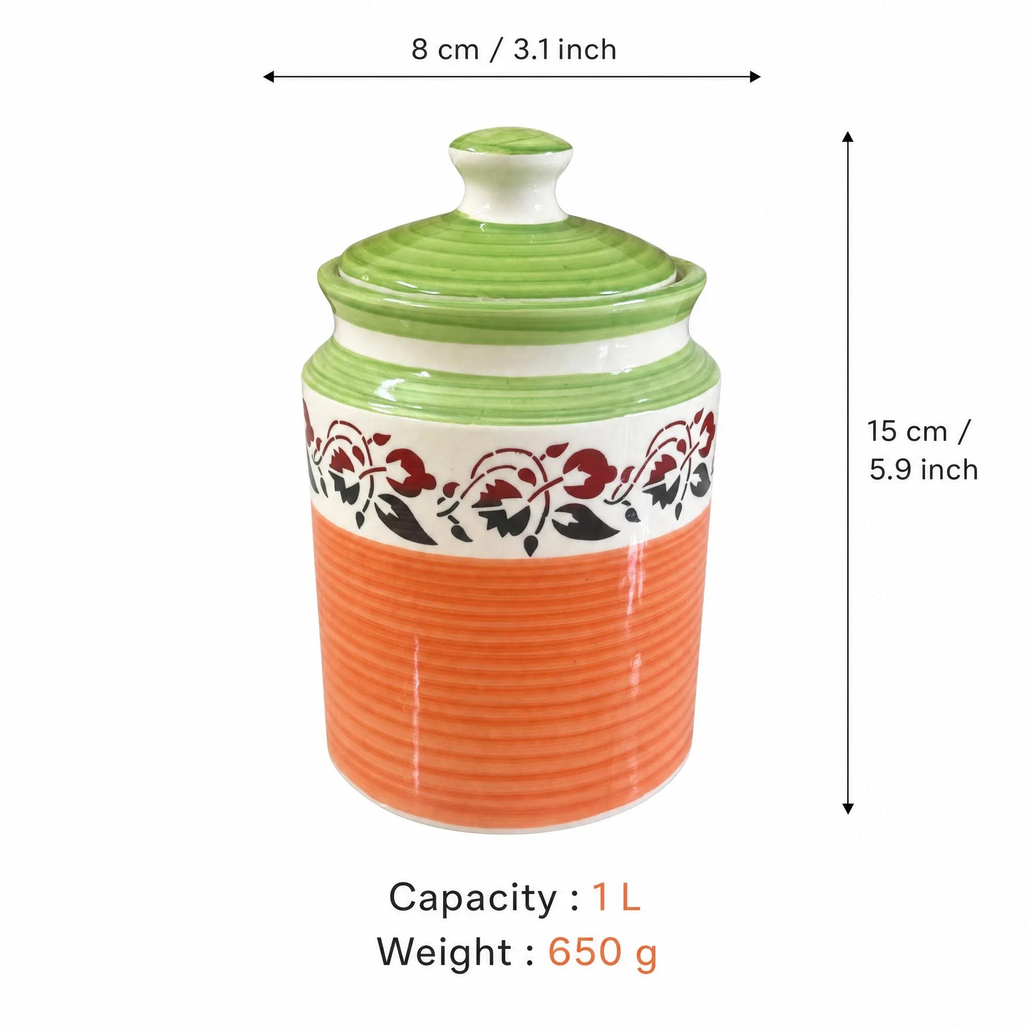 A ceramic storage jar with overlaid text indicating its 1L capacity and dimensions of 8cm width and 15cm height.