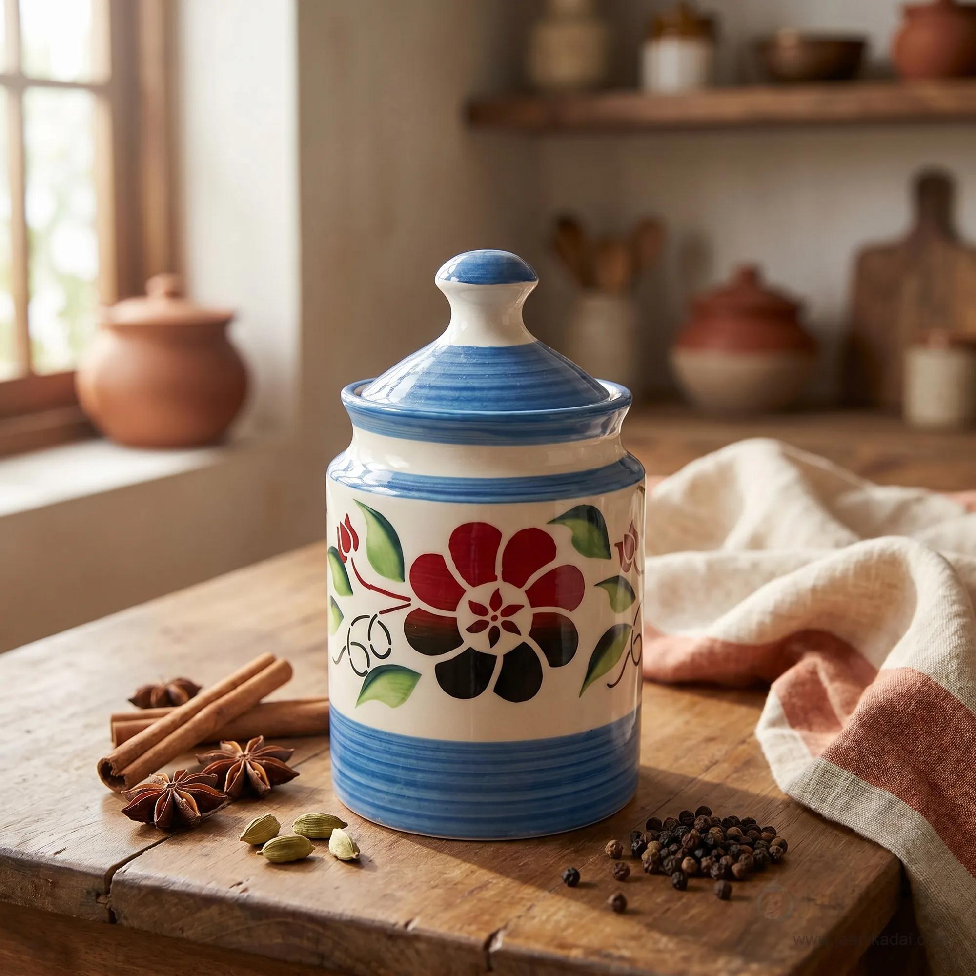 Ceramic Storage Jar 1L – Blue Floral Kitchen Canister with Lid
