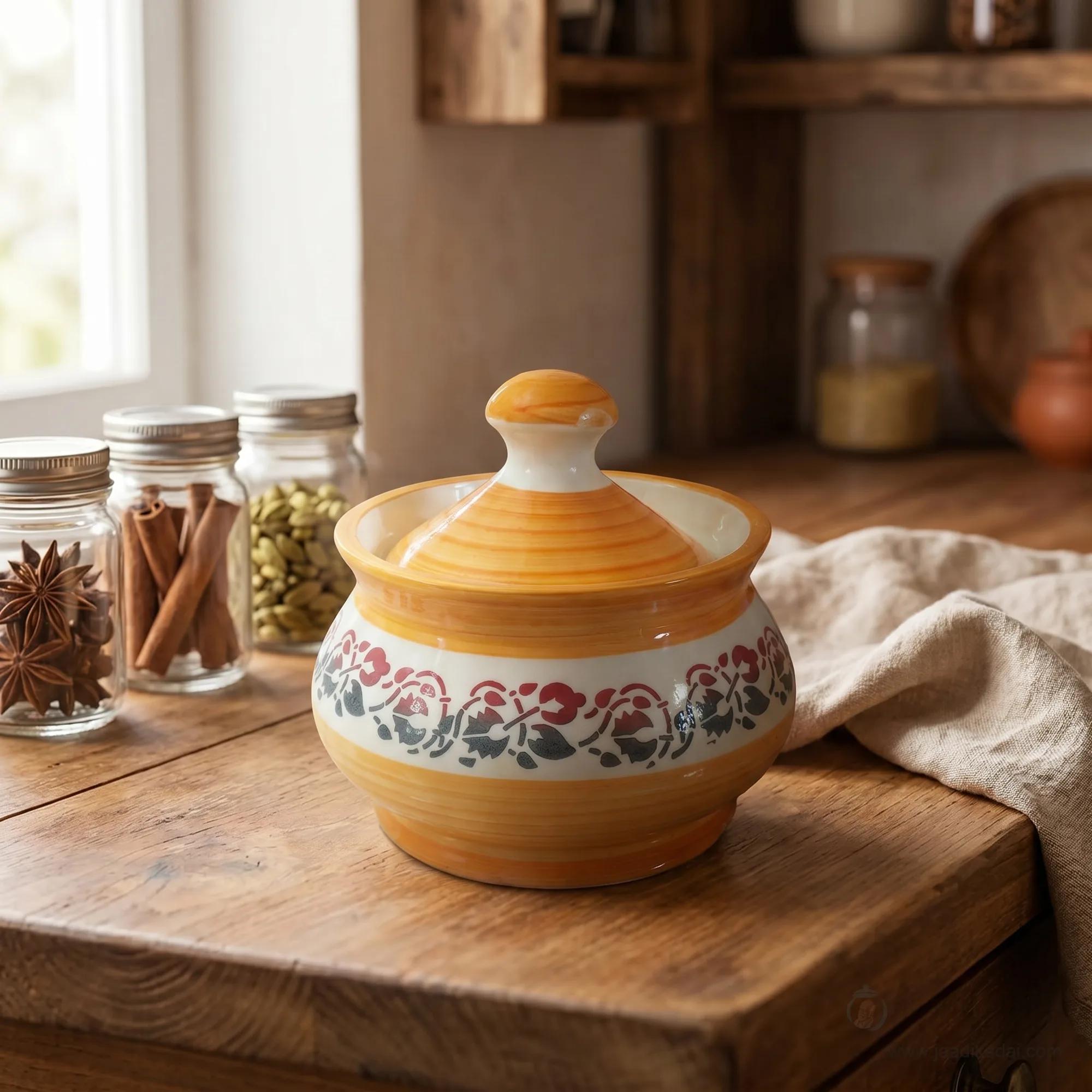 Ceramic Storage Pot 1L – Orange Floral Round Kitchen Jar with Lid